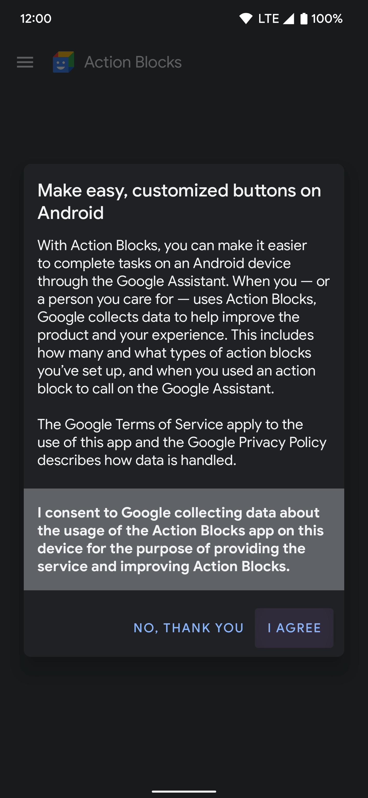 Accepting Google Action Blocks app terms