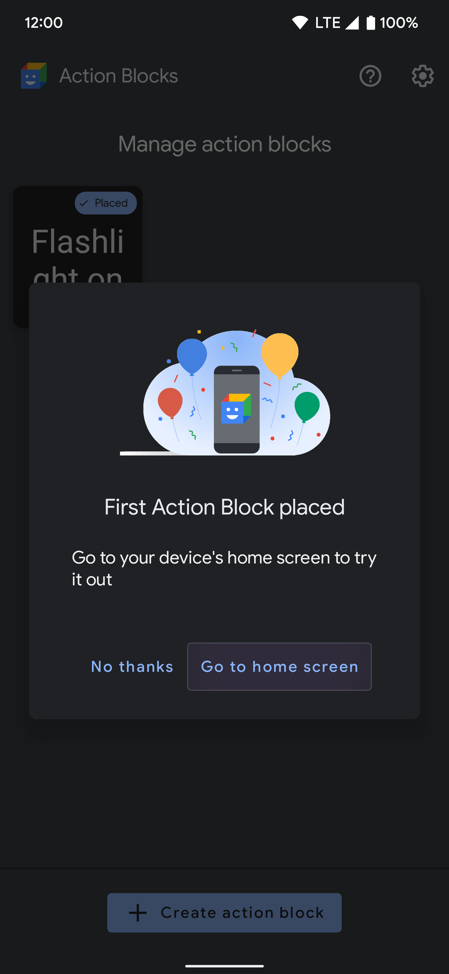 First action block placed on Google Home screen