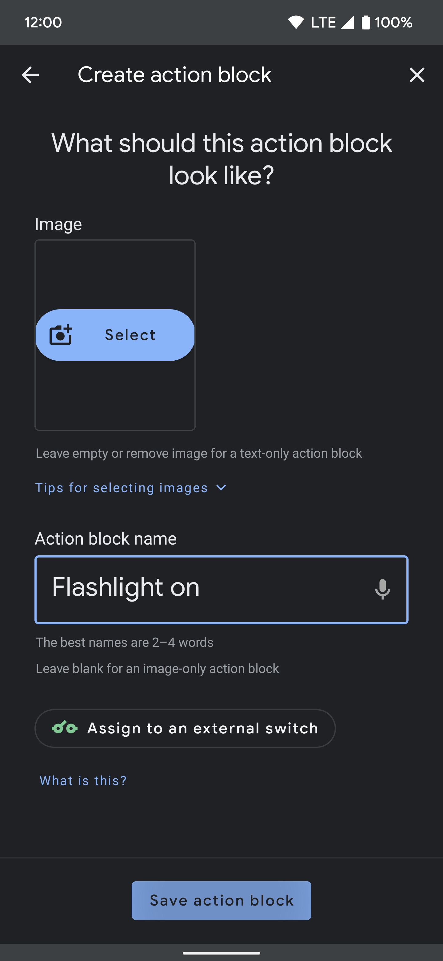 Naming flashlight command on Action Blocks app