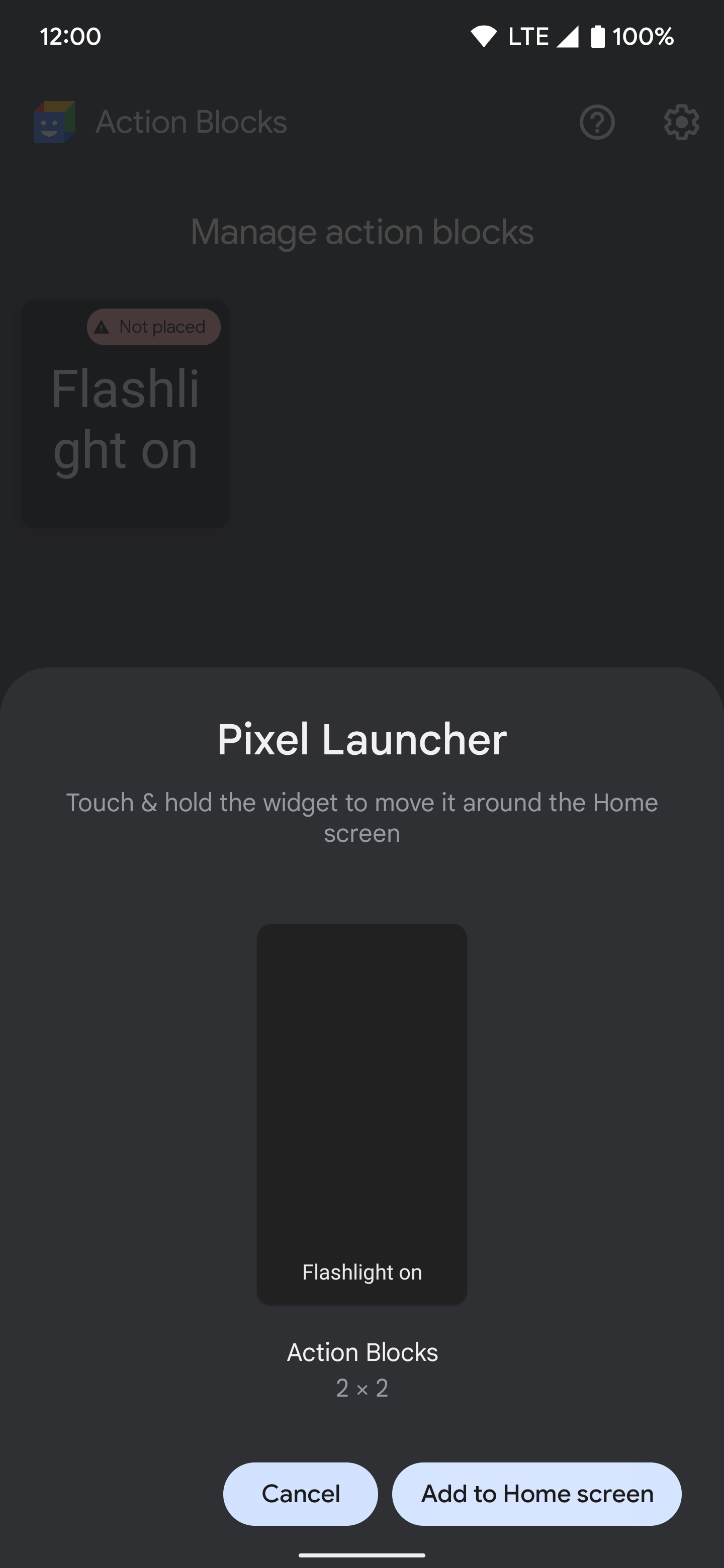 Action Blocks prompt to add flashlight to home screen