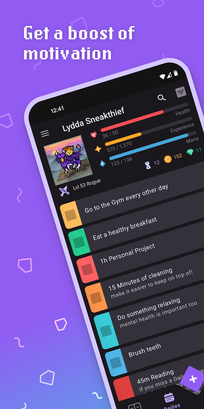 An app store listing screenshot for Habitica showing off some of its main features