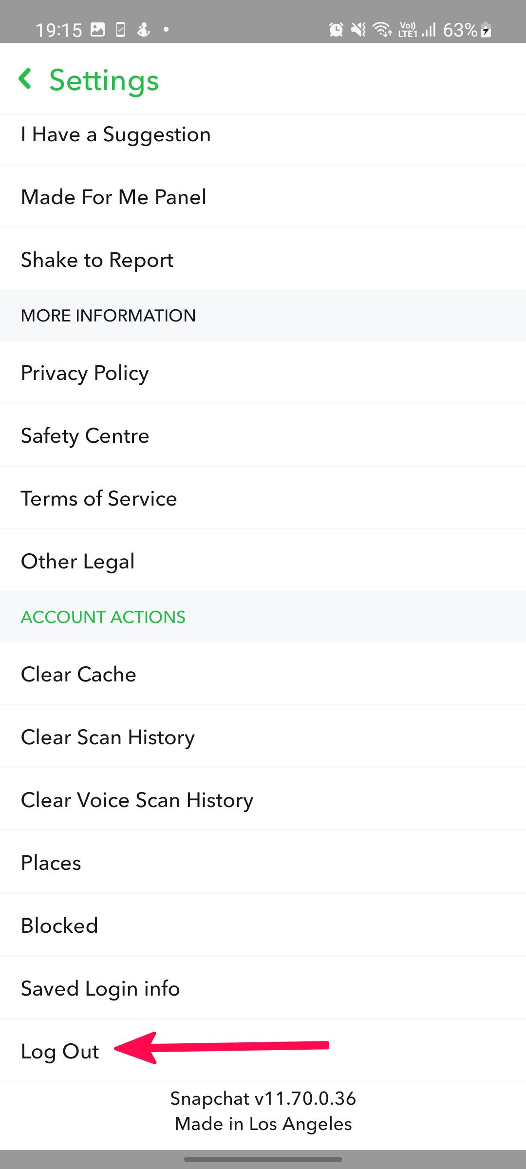 Screenshot highlighting Log out option for Snapchat