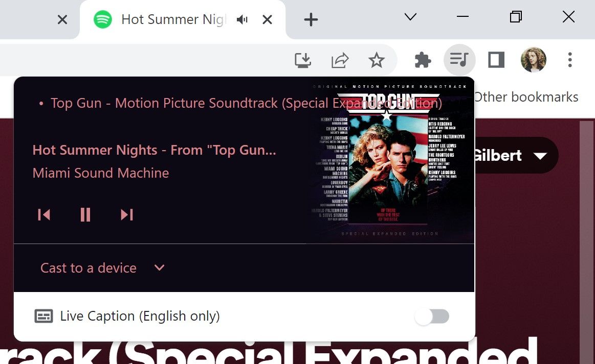 O reprodutor de mídia do Google Chrome reproduzindo Hot Summer Nights da Miami Sound Machine