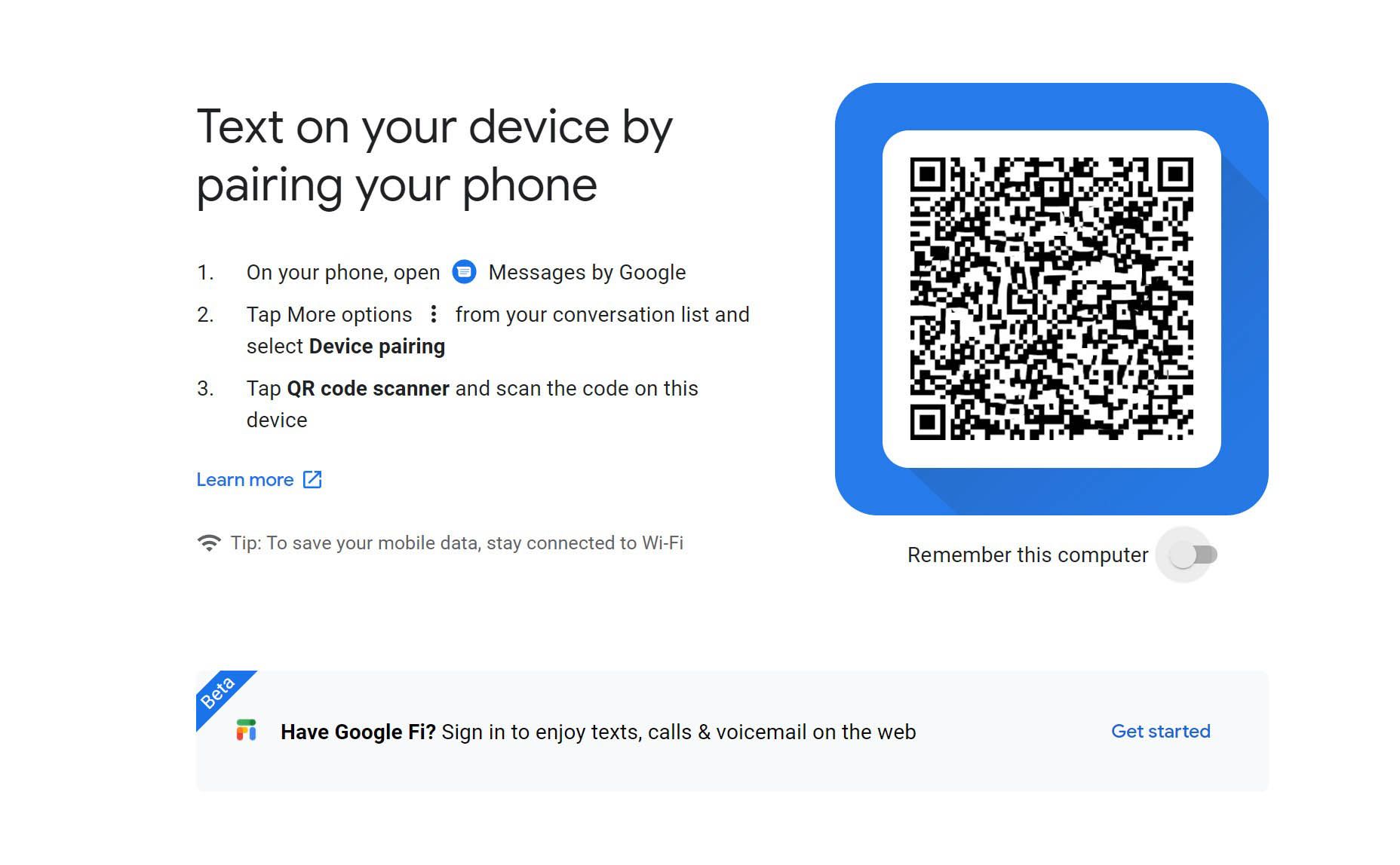 A QR code for pairing Google Messages to the web from your phone