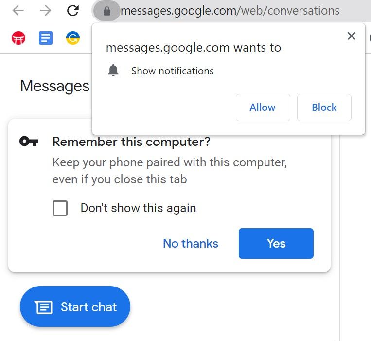 Pop up notifications for Google to remember the computer and to allow notifications