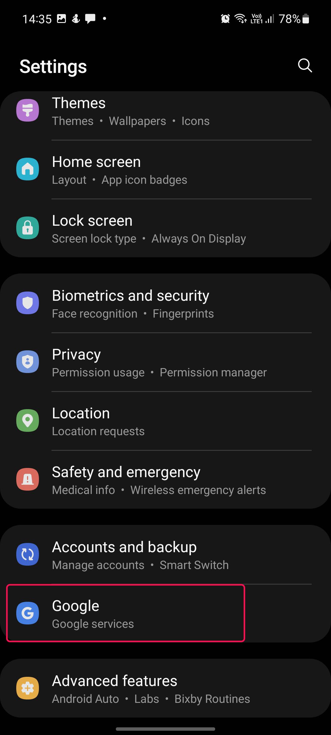 android phone screenshot showing settings menu