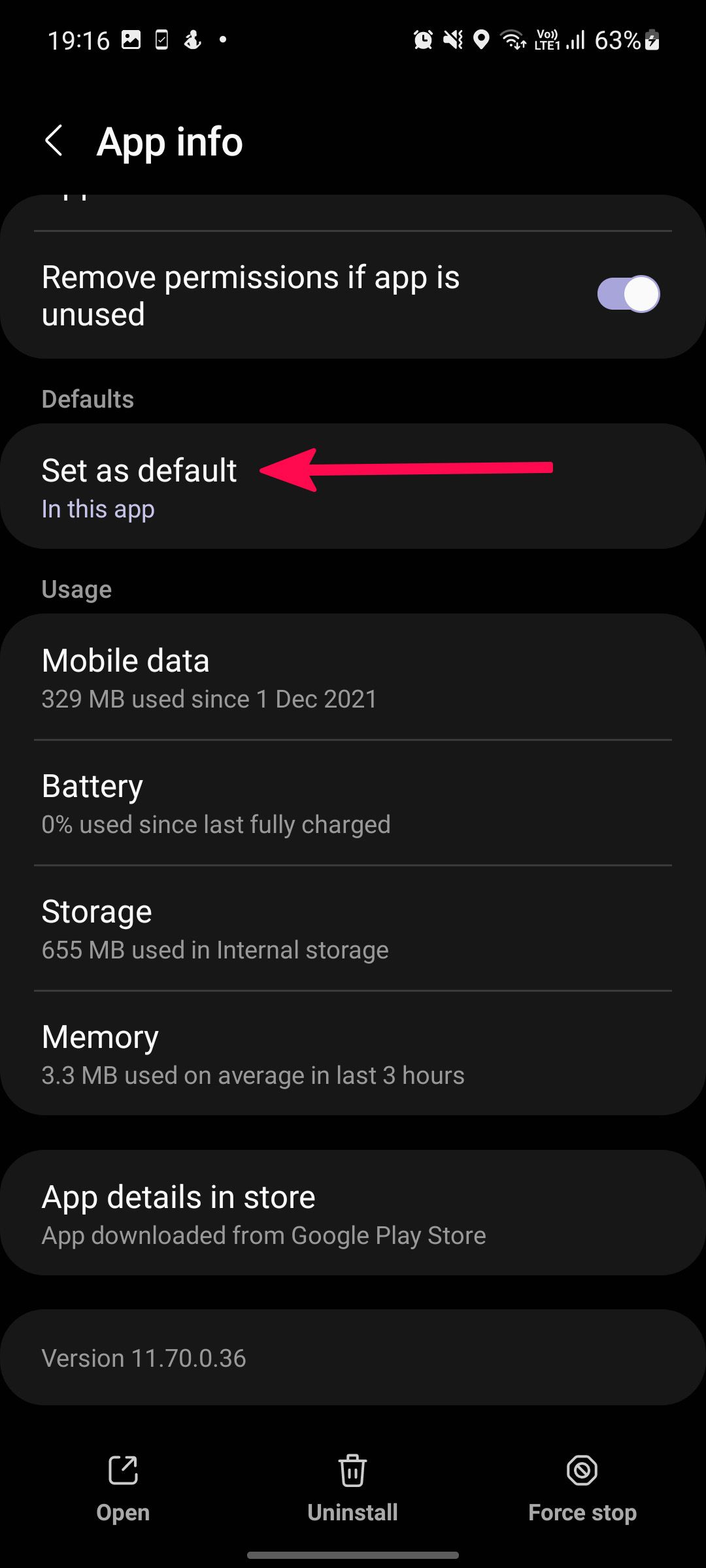 Screenshot highlighting Set as default option for Snapchat