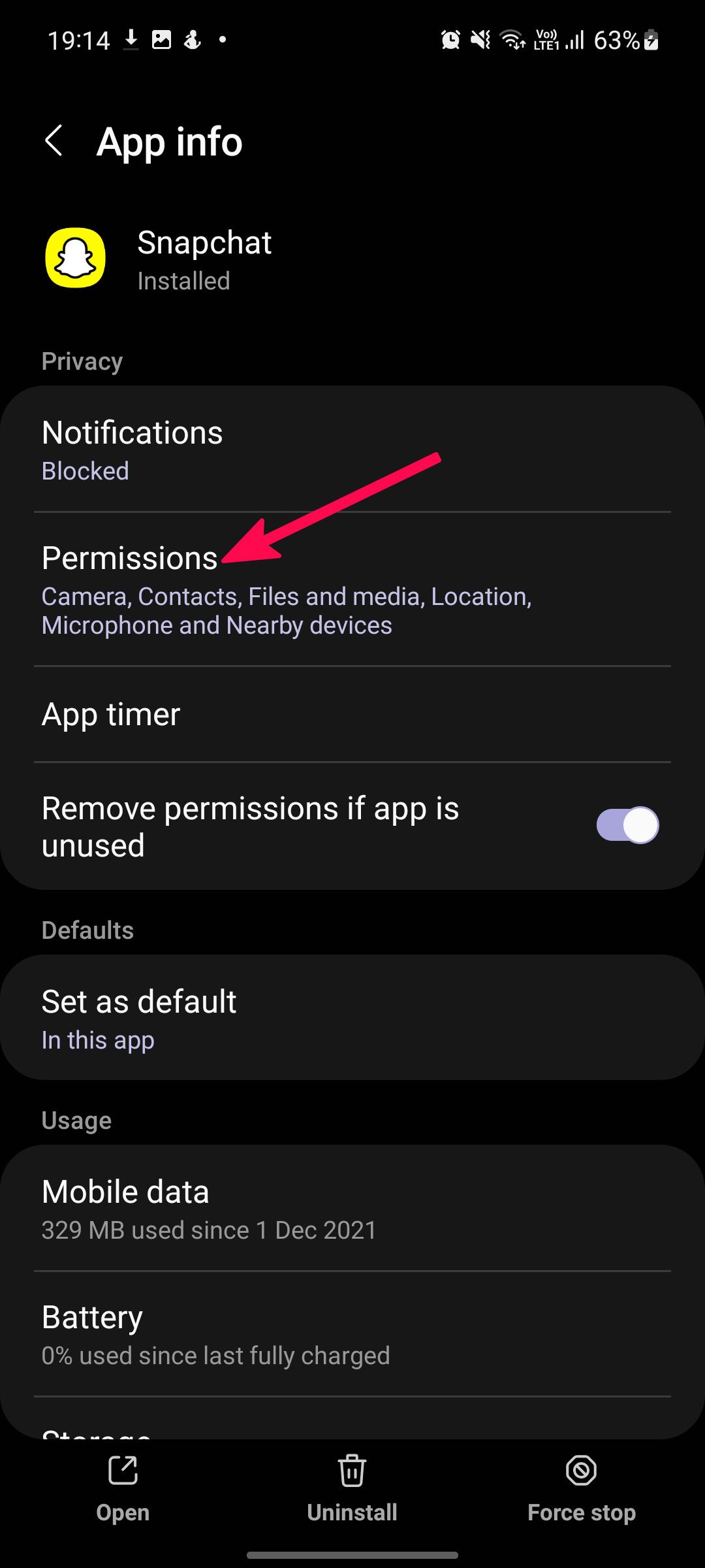 Screenshot highlighting Snapchat permissions