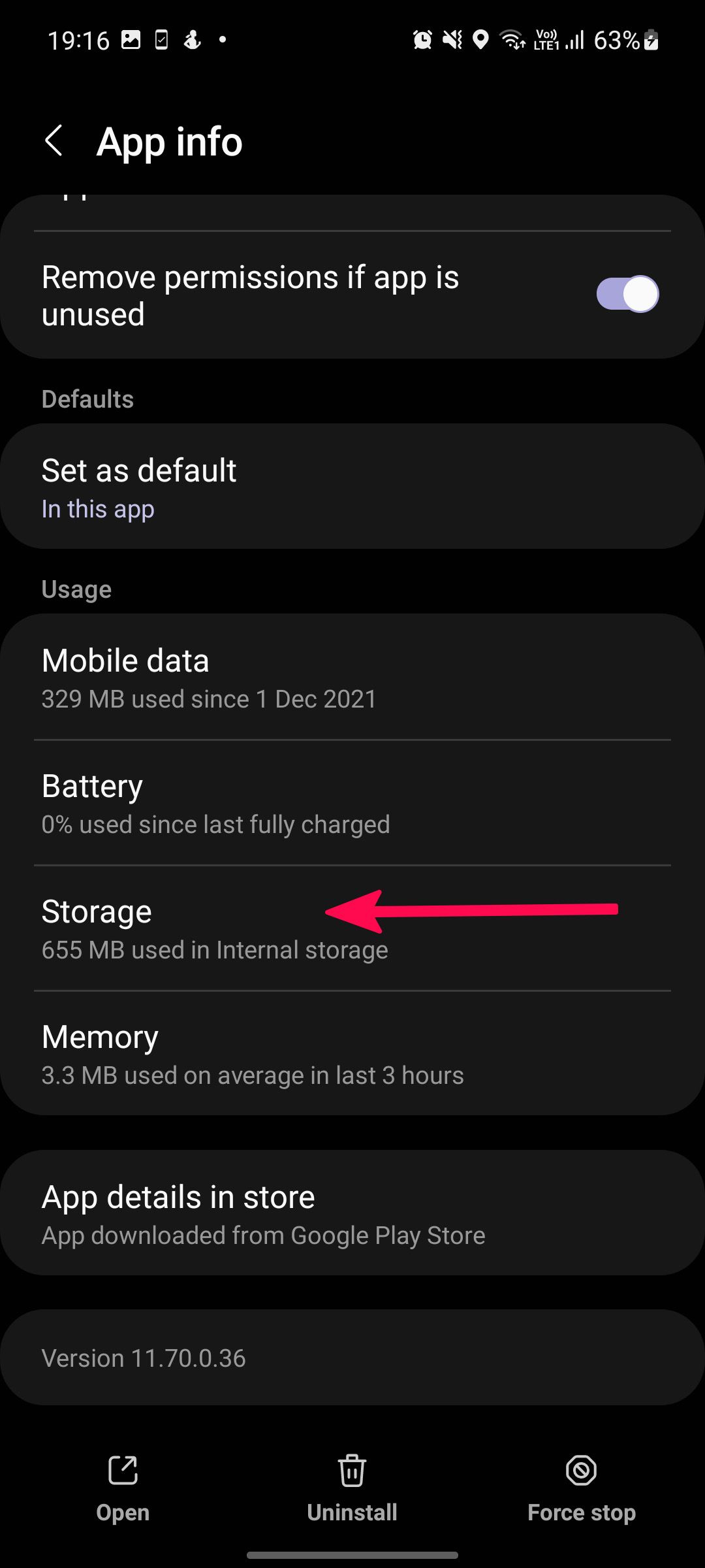 Screenshot highlighting Storage option