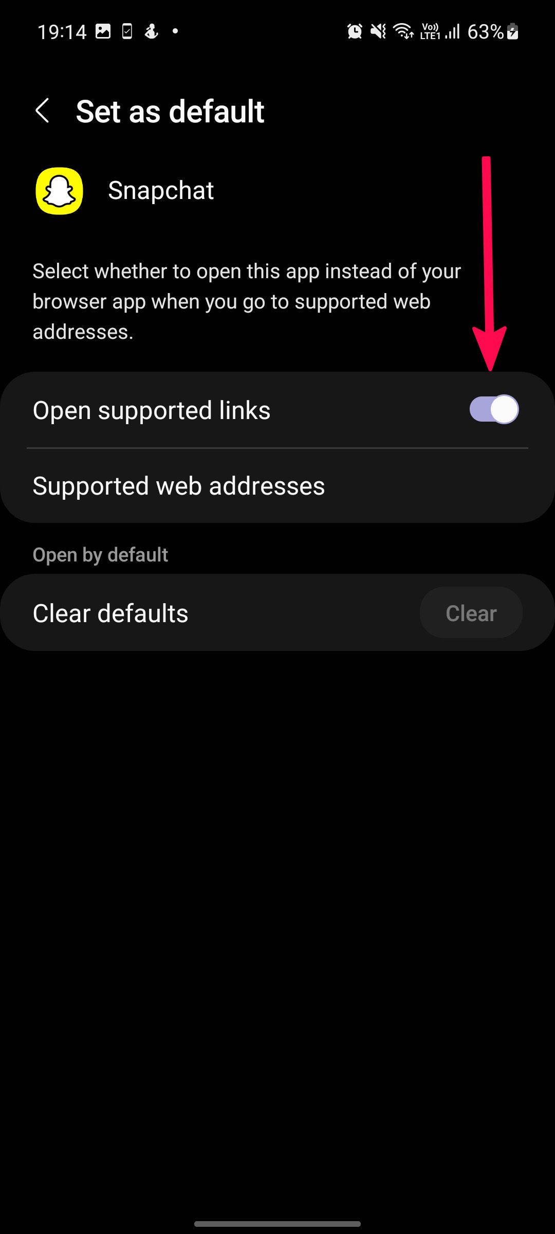 Screenshot highlighting Open supported links in Snapchat