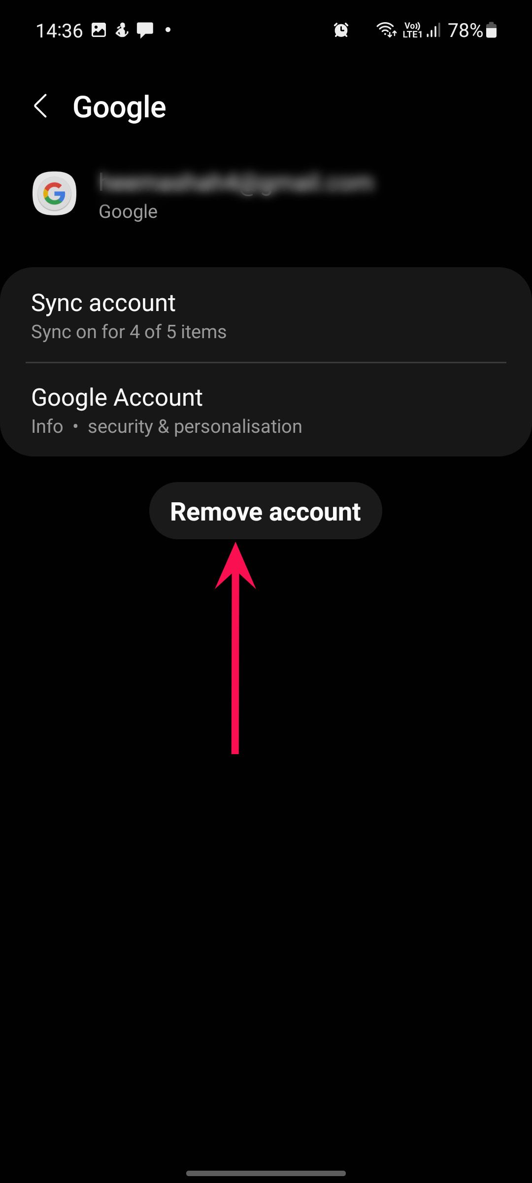 android phone screenshot showing account settings in dark mode