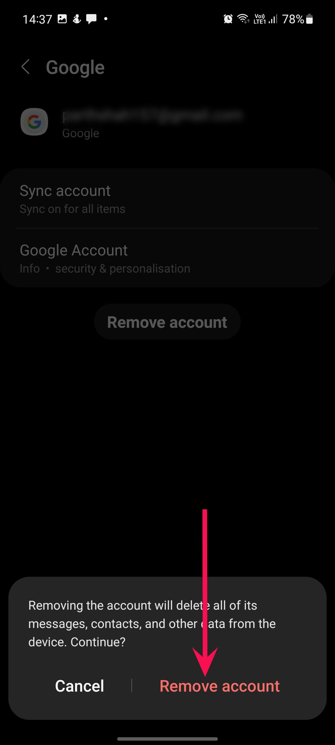 android phone screenshot showing remove account option in dark mode