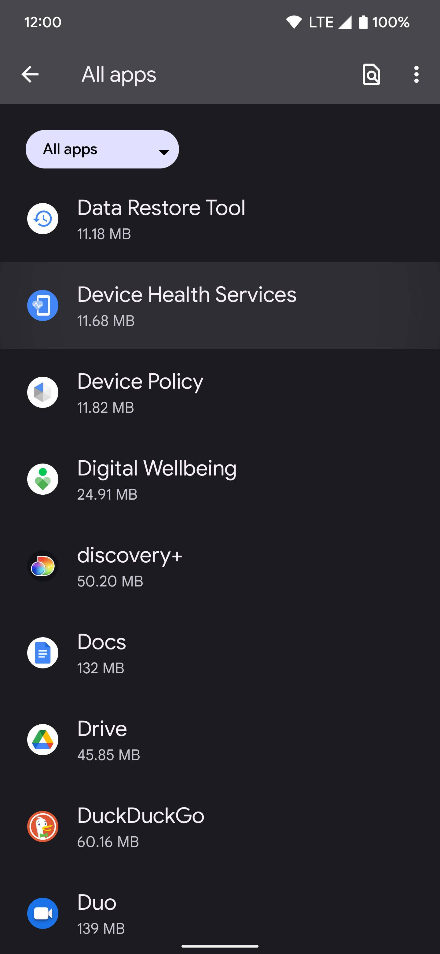 All apps menu on Google Pixel phone