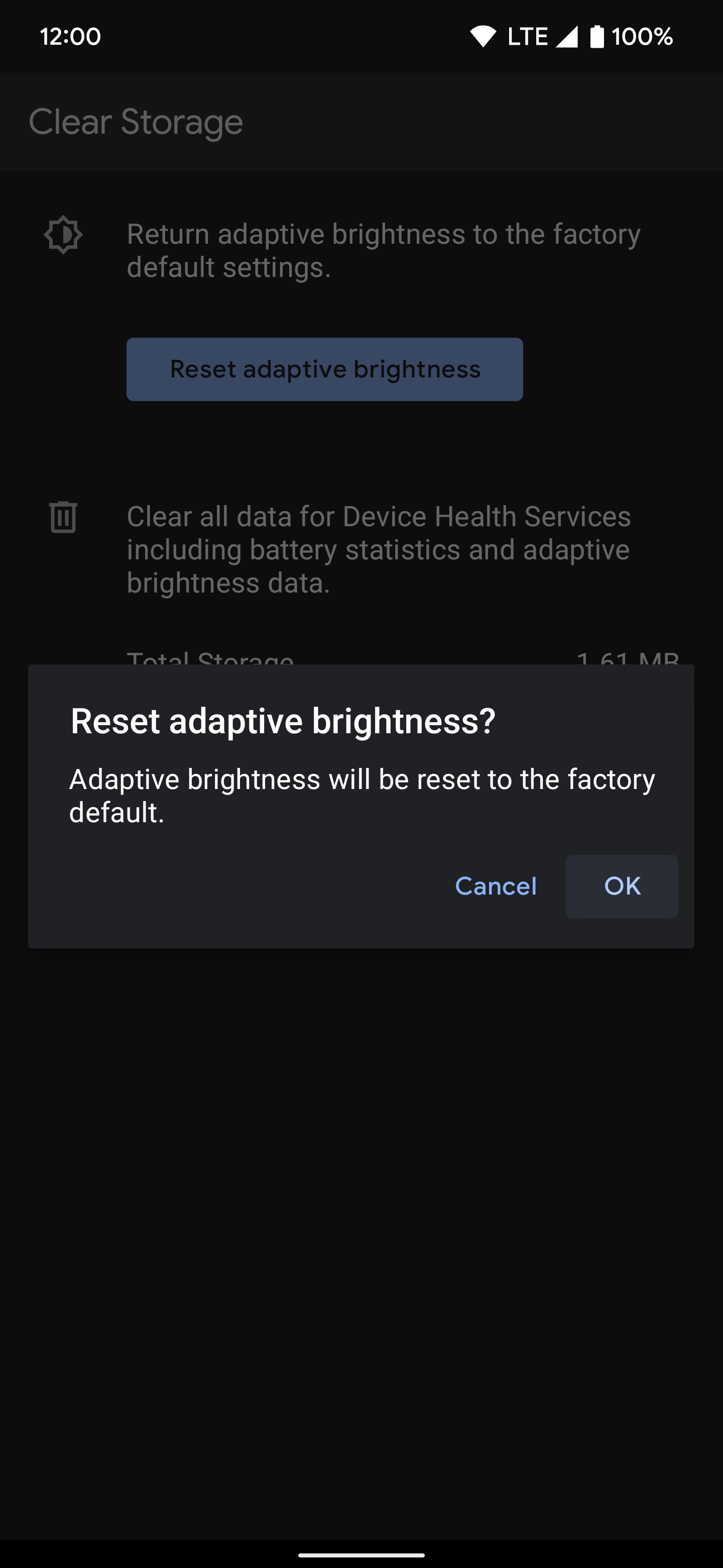 Reset Adaptive Brightness confirmation pop up