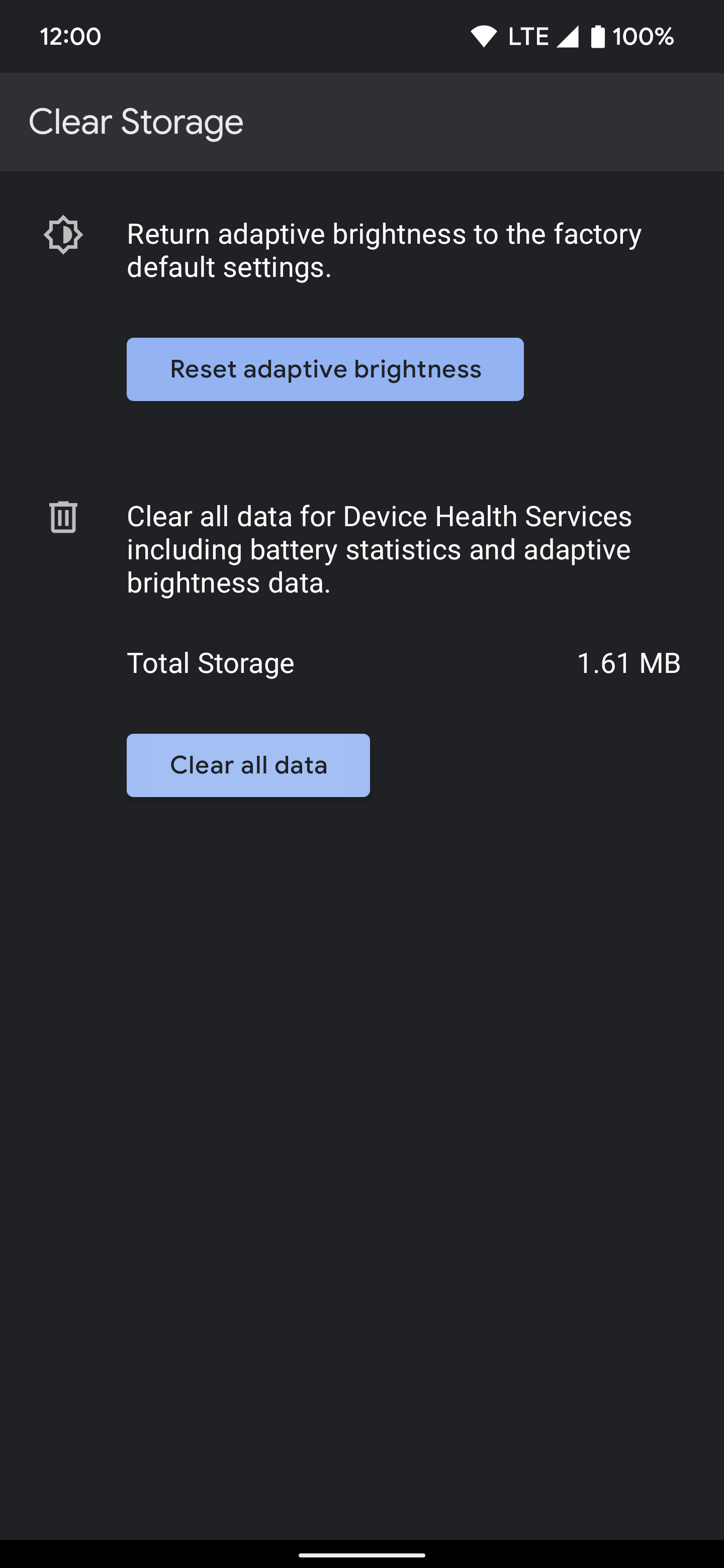 Clear storage page for the Device Health Services app