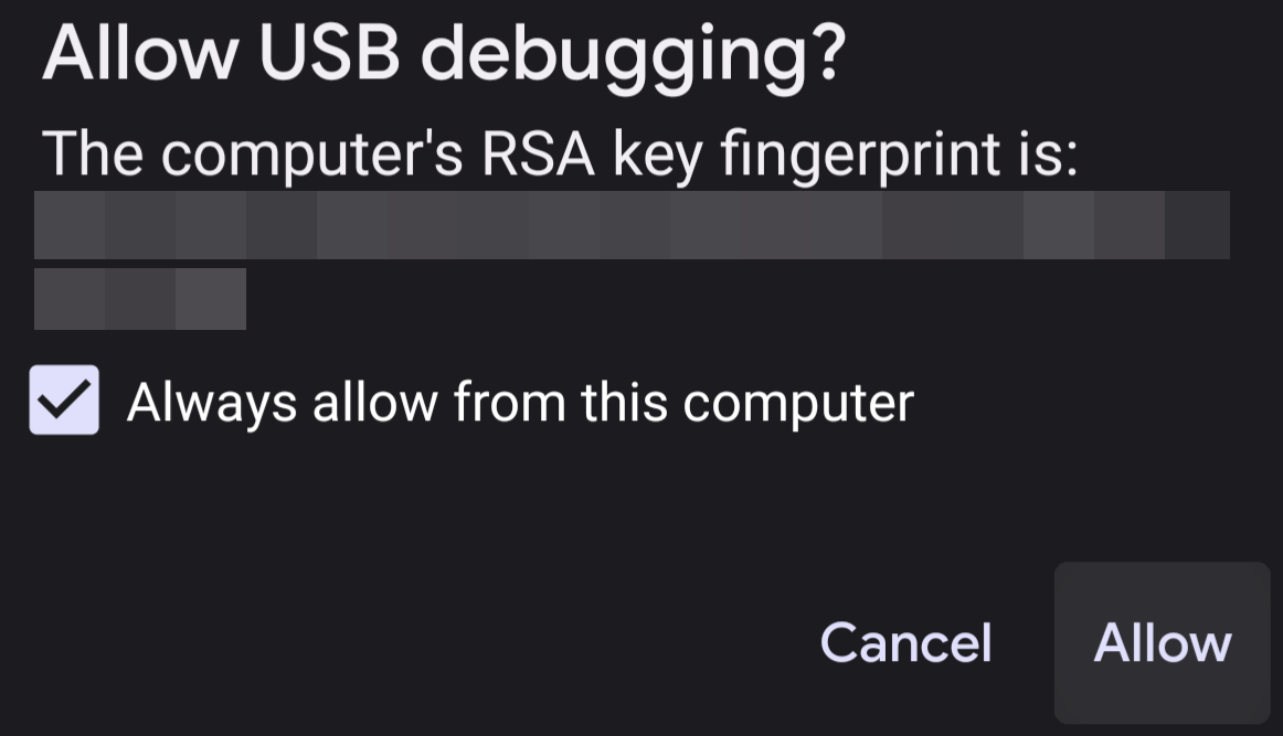 An example of the USB debugging RSA fingerprint key screen.