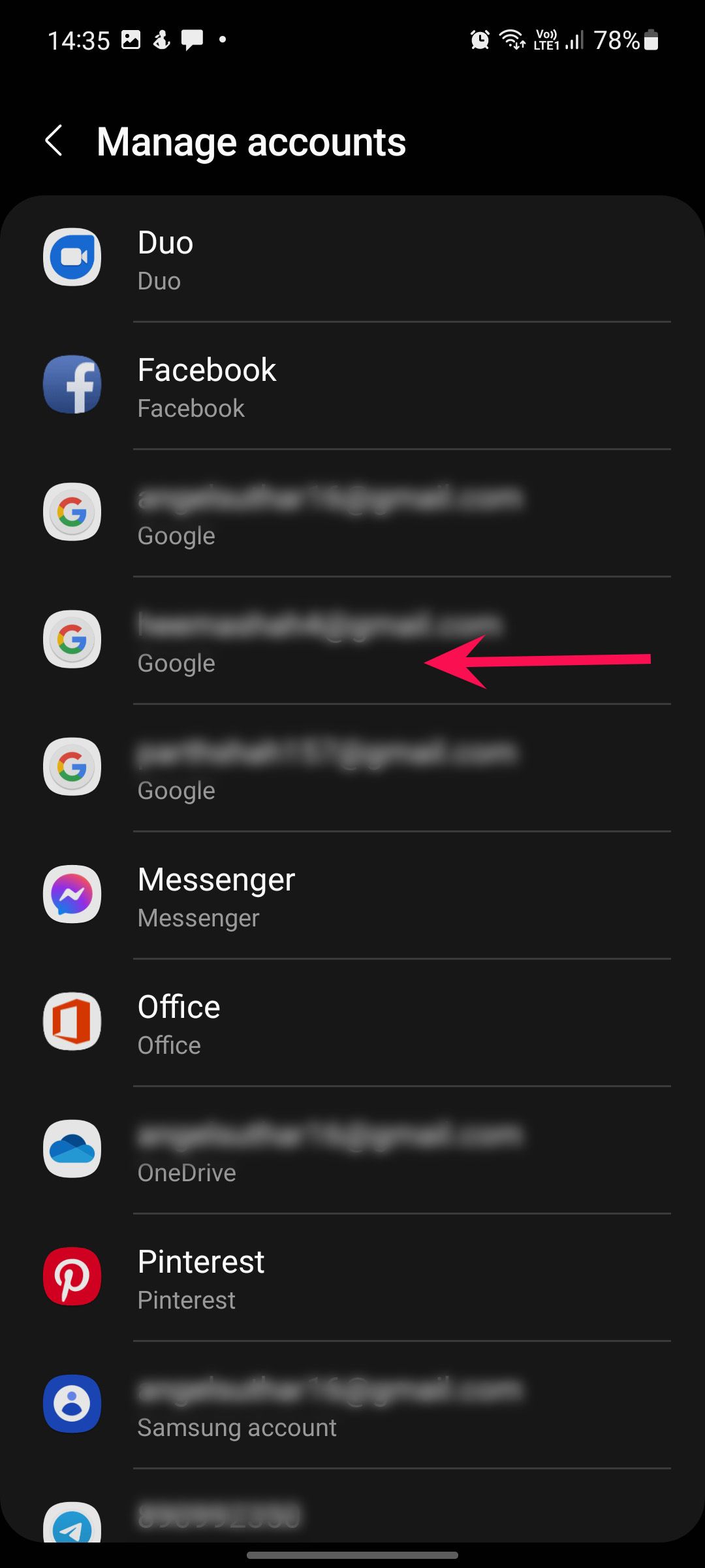 android phone screenshot showing app account settings in dark mode