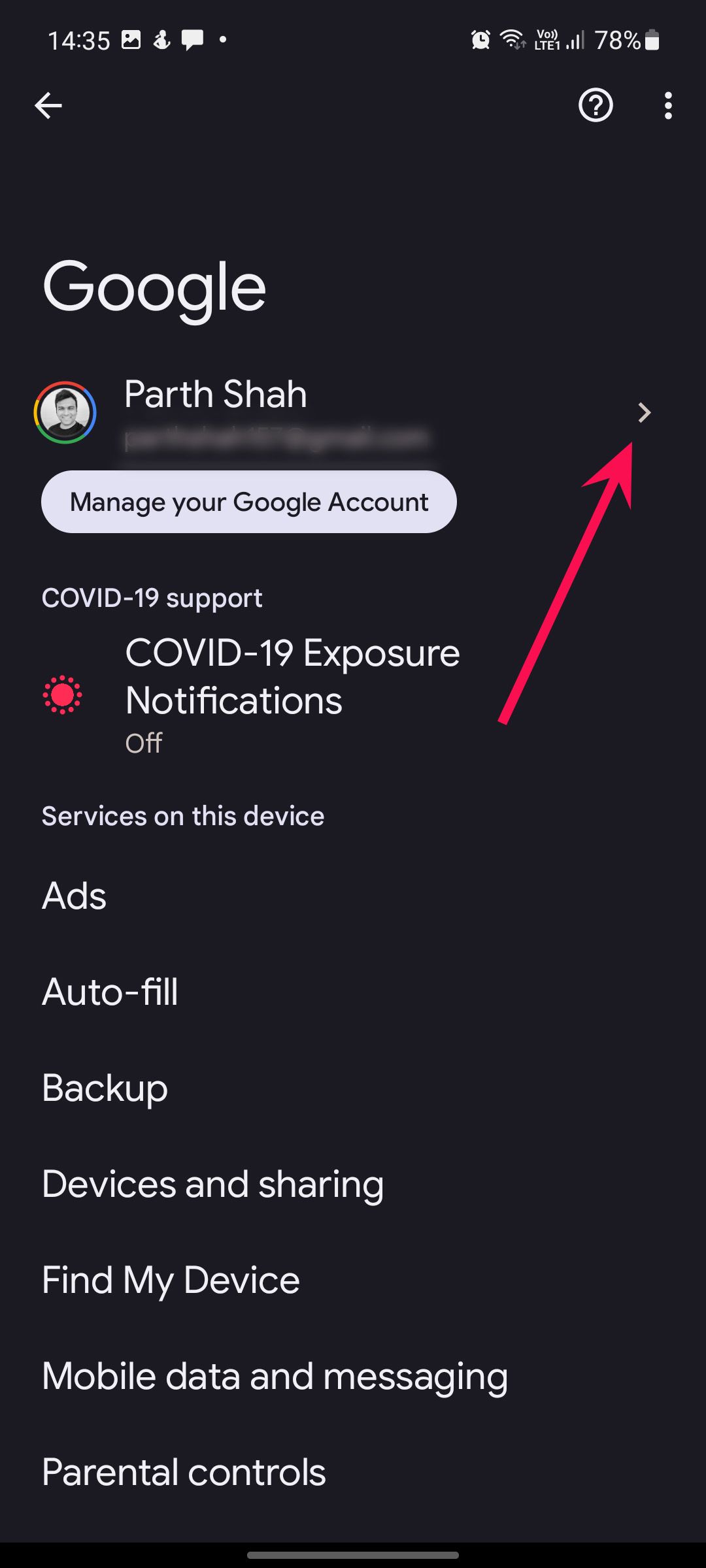 android phone screenshot showing account settings menu in dark mode