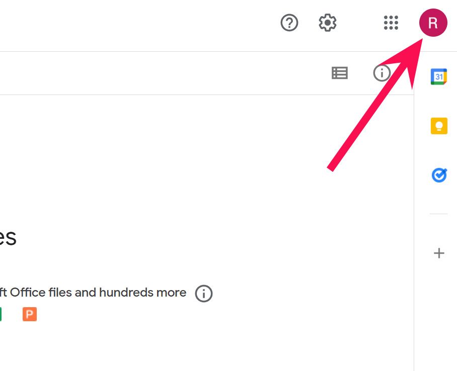 Screenshot of a Google Drive interface with a red arrow pointing to a circular profile picture in the top right corner.