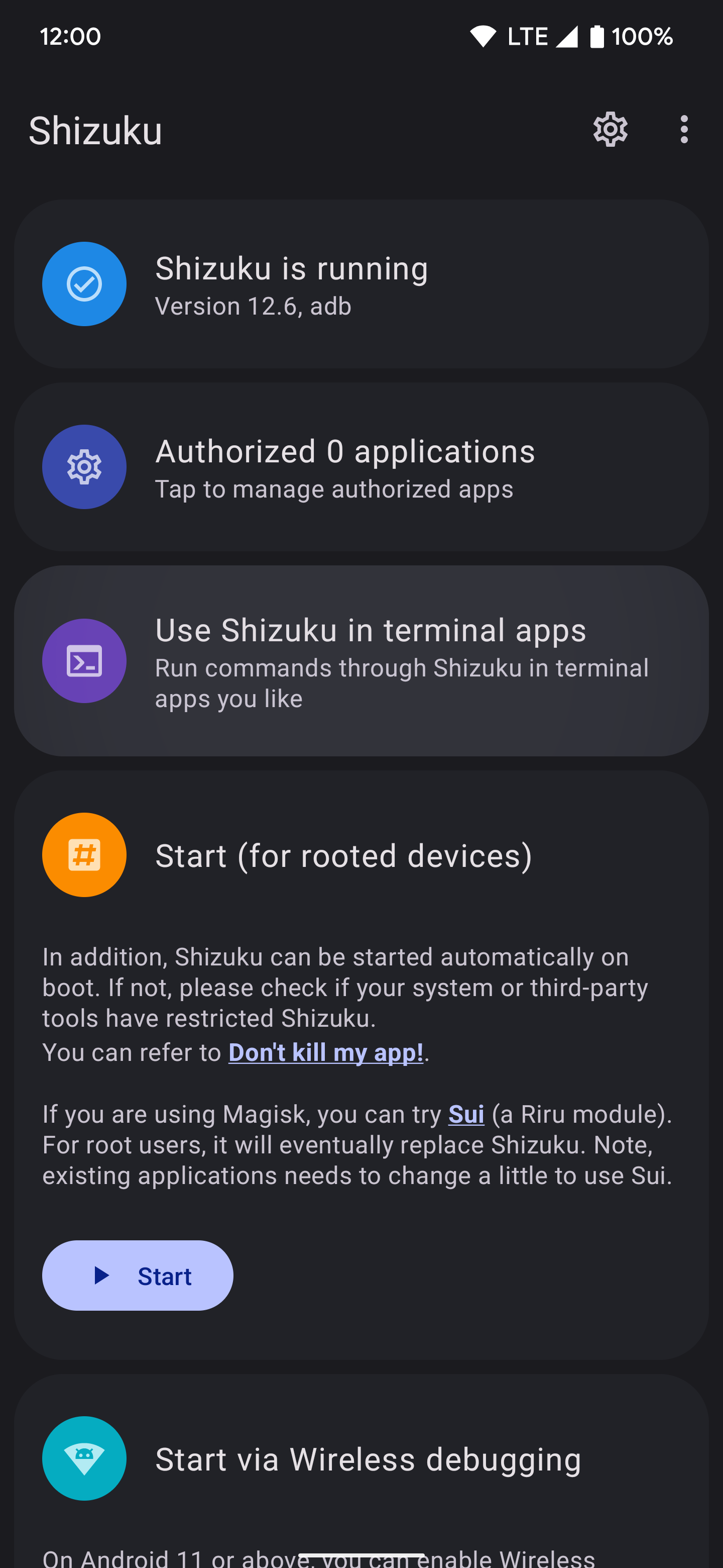Using Shizuku with a terminal app section.