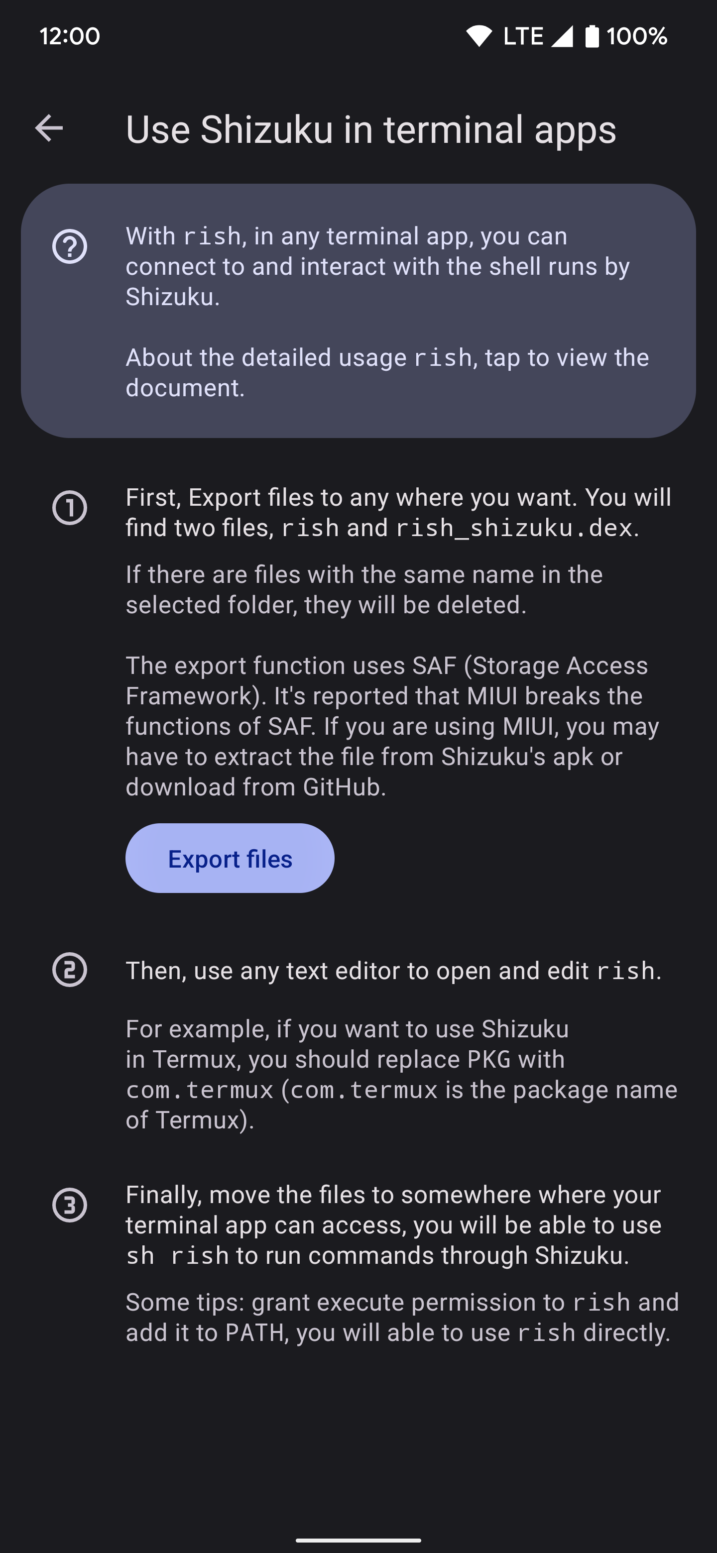 Showing the Export files button for Shizuku terminal apps.