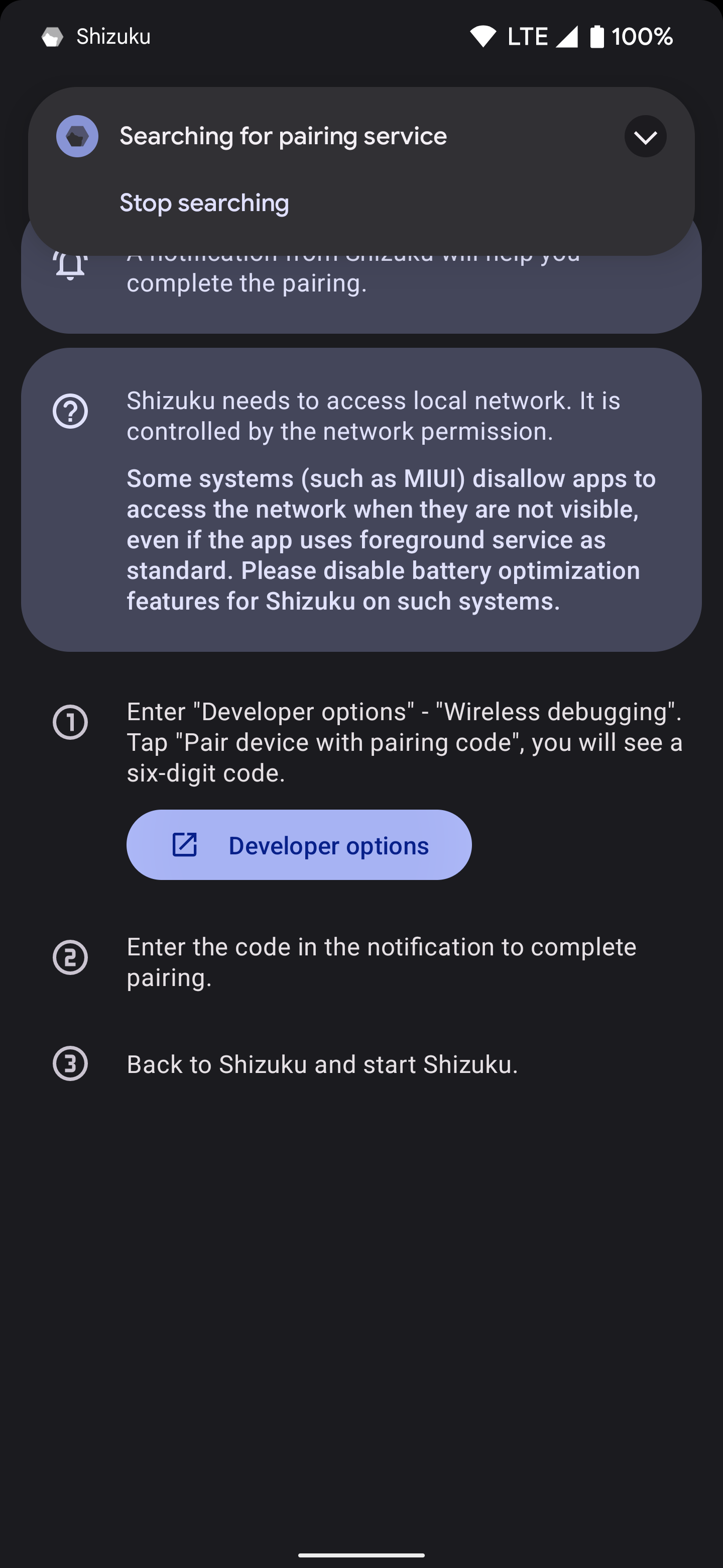 Tapping the Developer options button in the Shizuku app.