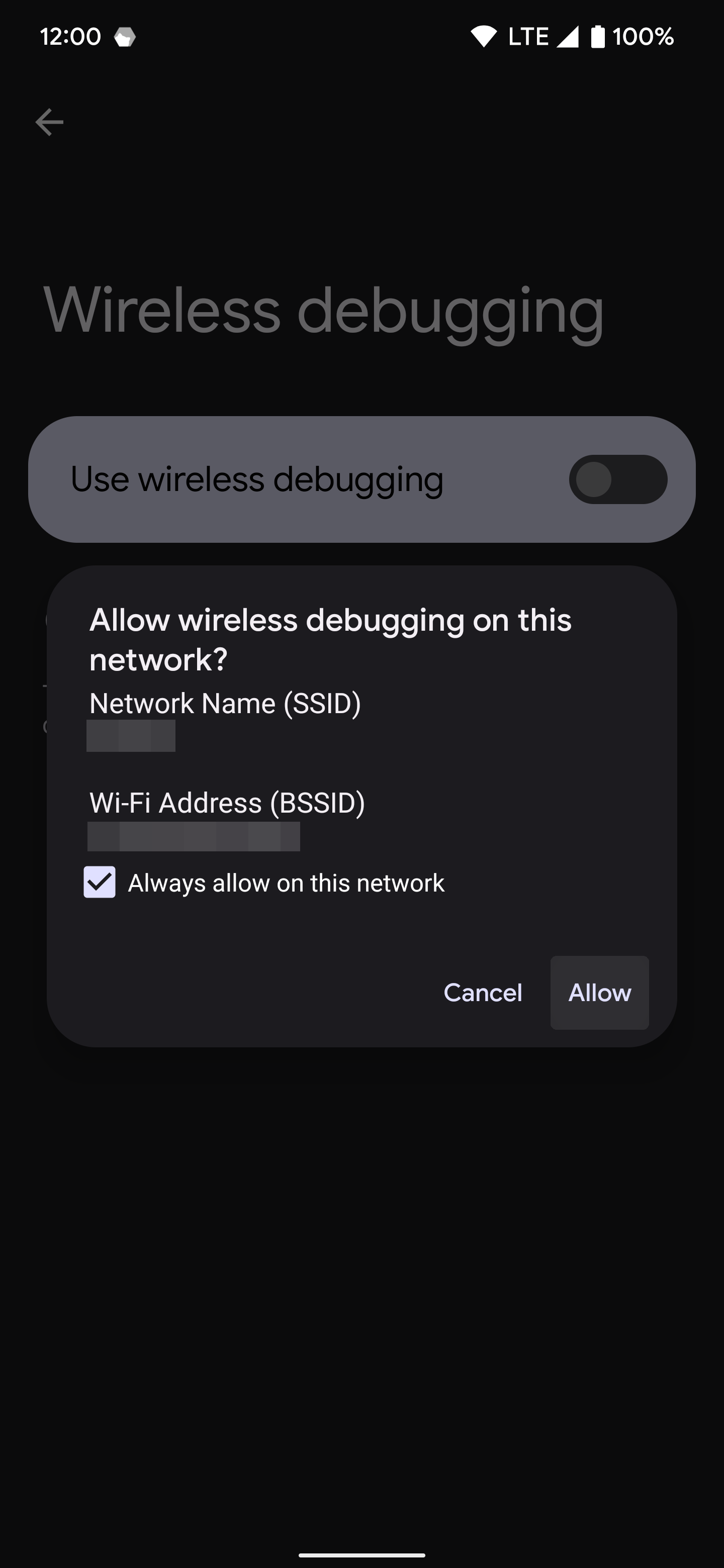 Allowing Wireless debugging access to the local Wi-Fi network.