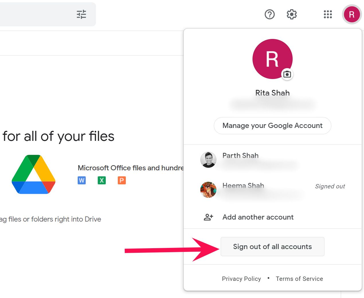 Screenshot of a Google Drive interface with a red arrow indicating the 'Sign out from all Google accounts' option