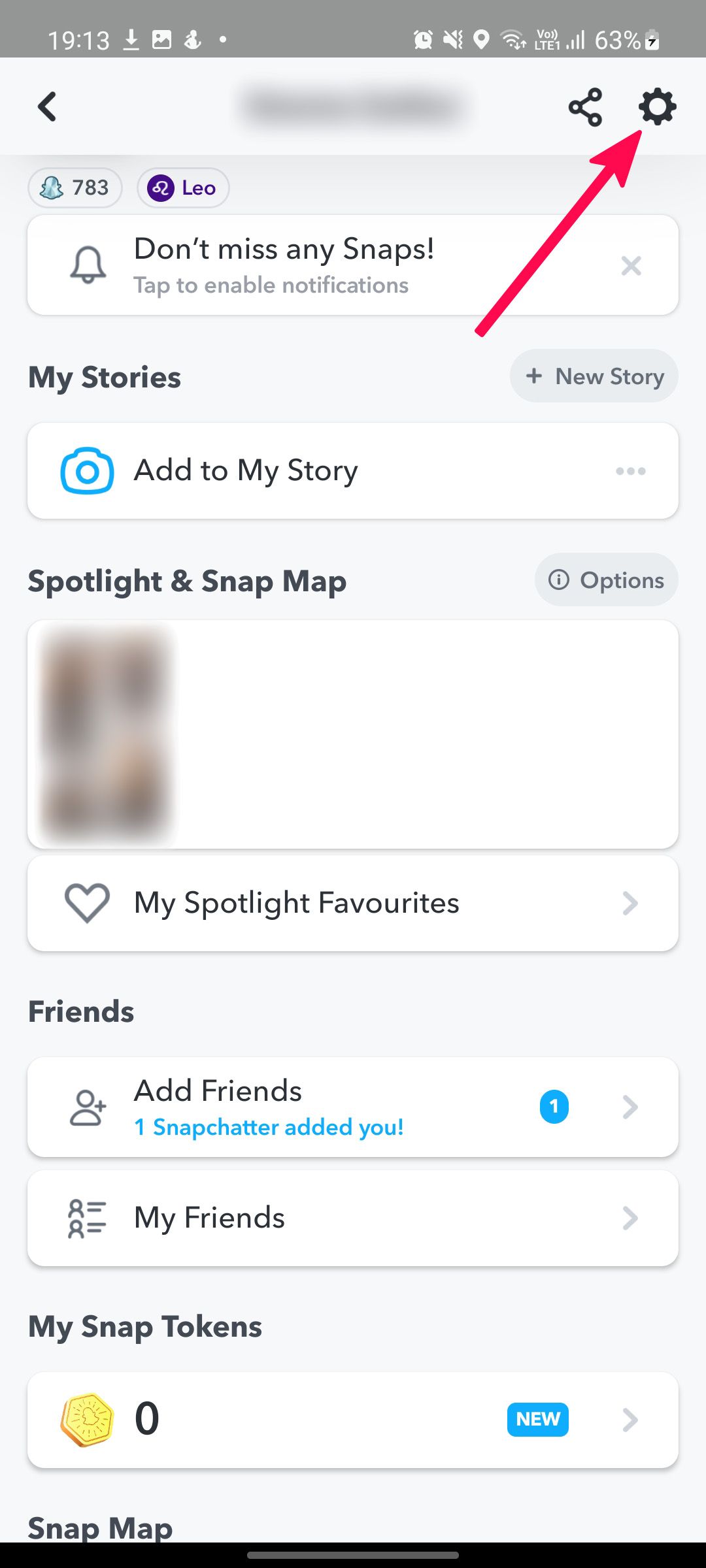 Screenshot of Snapchat settings