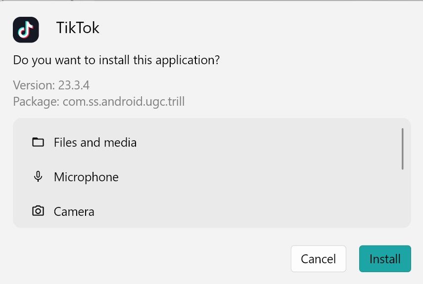 The TikTok app installation prompt that pops up on Windows 11.