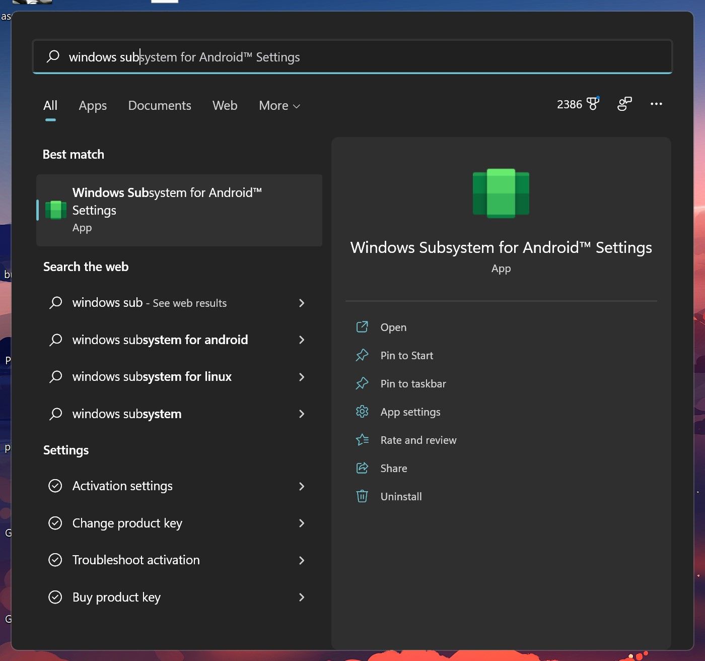The Windows 11 start menu with Windows Subsystem for Android Settings highlighted in the search results.