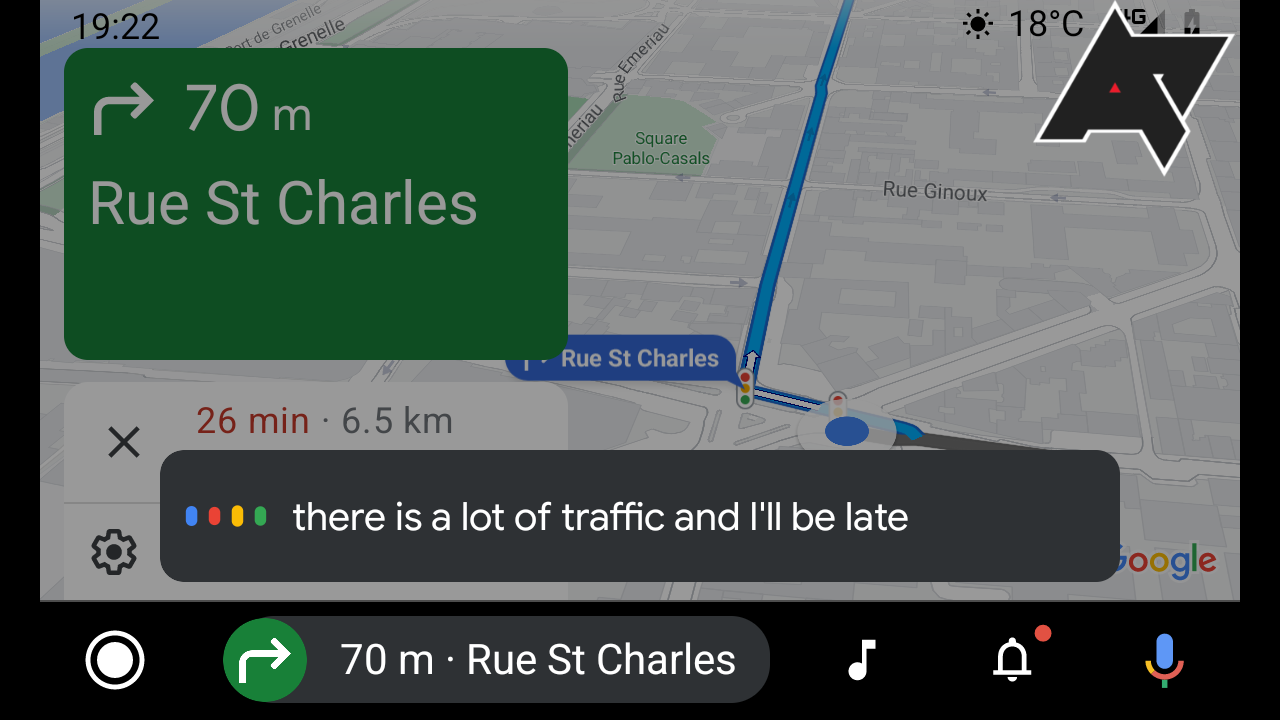 Screenshot of Android Auto's interface when sending a message with Assistant
