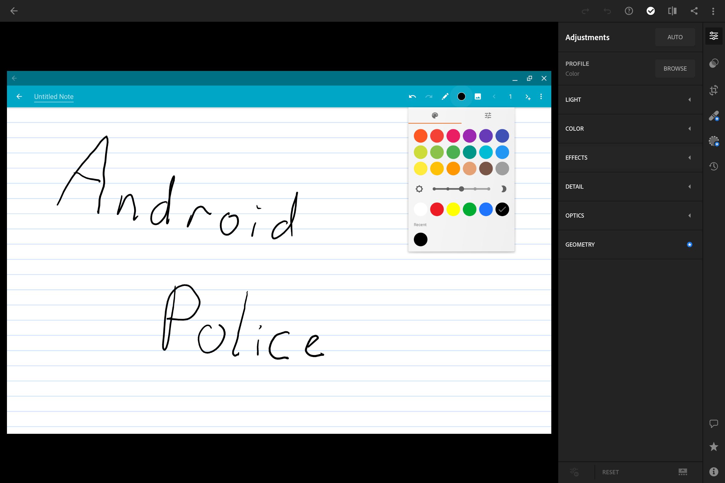 Editando uma foto de uma nota que o Android Police escreveu nela no aplicativo Adobe Lightroom para Android