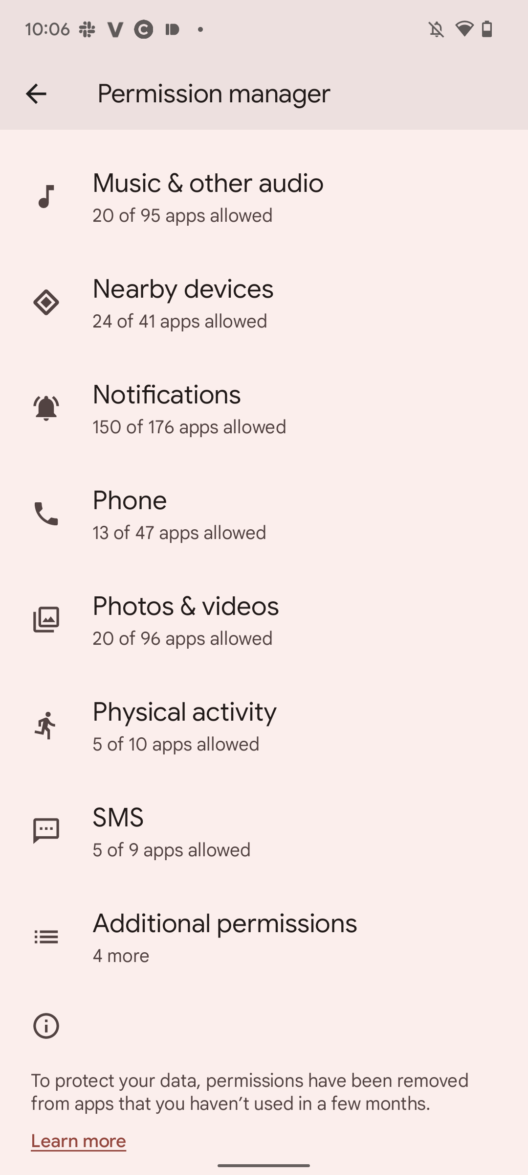 Android 13's permission manager with notifications section