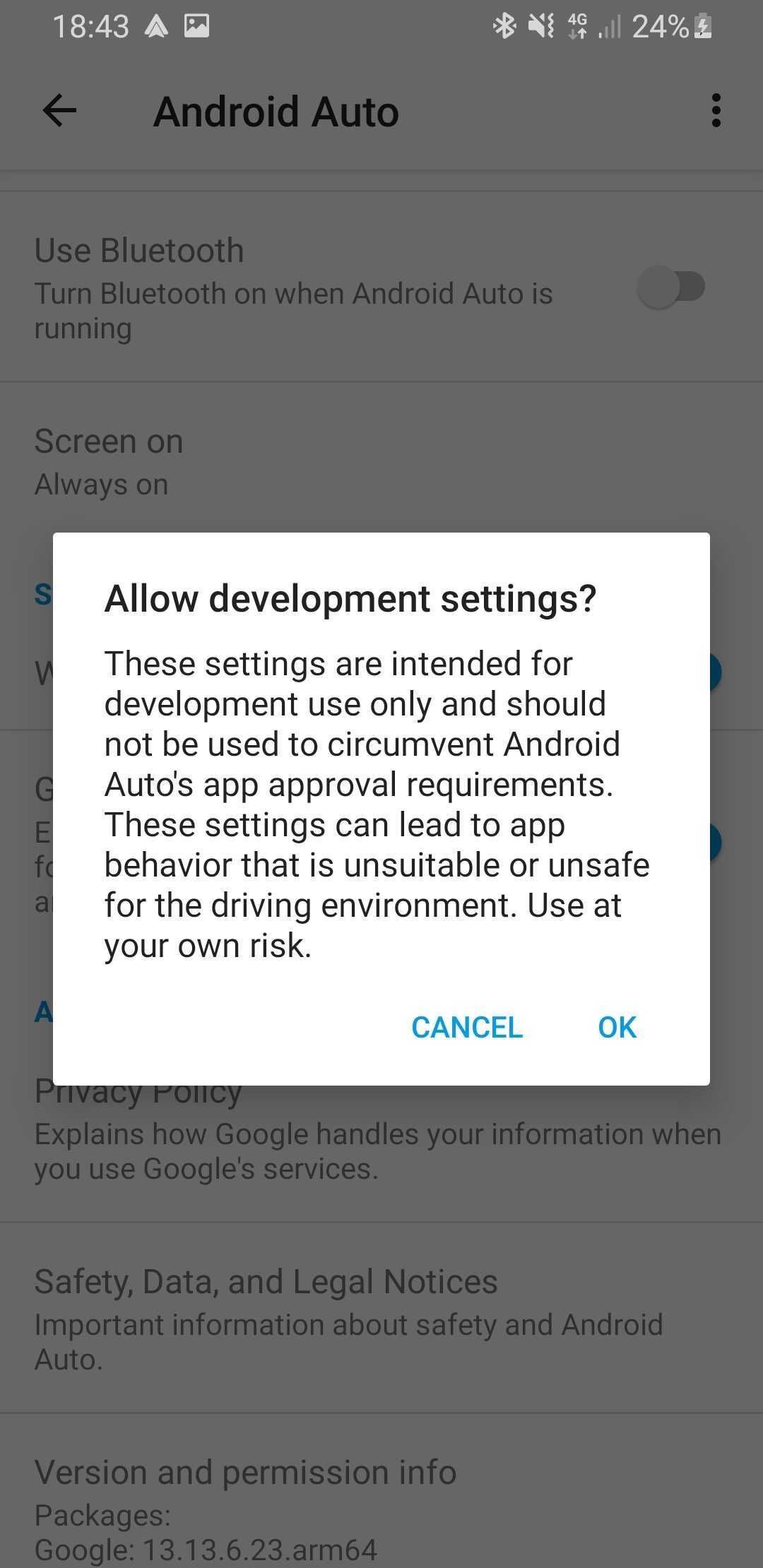 A screenshot of the Android Auto developper settings
