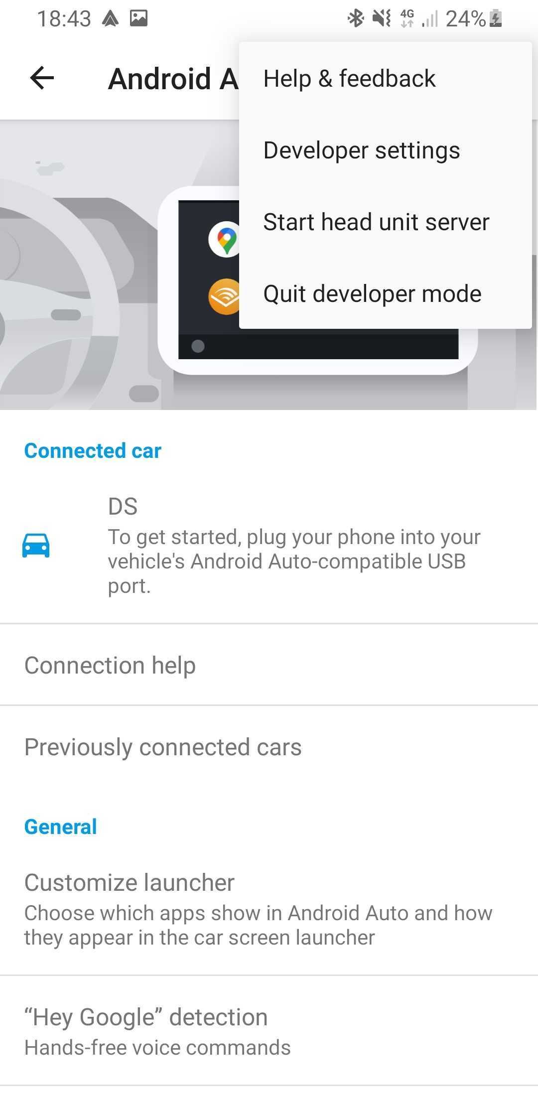Uma captura de tela das configurações do desenvolvedor do Android Auto
