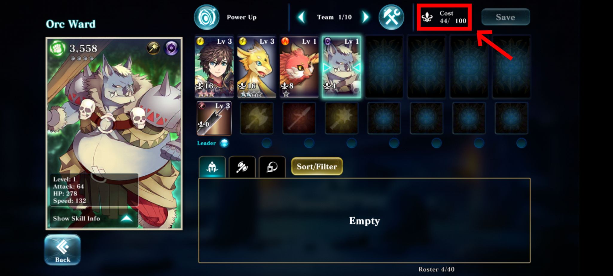 red rectangle and red arrow pointing to the cost to add teammates to your squad in Evertale