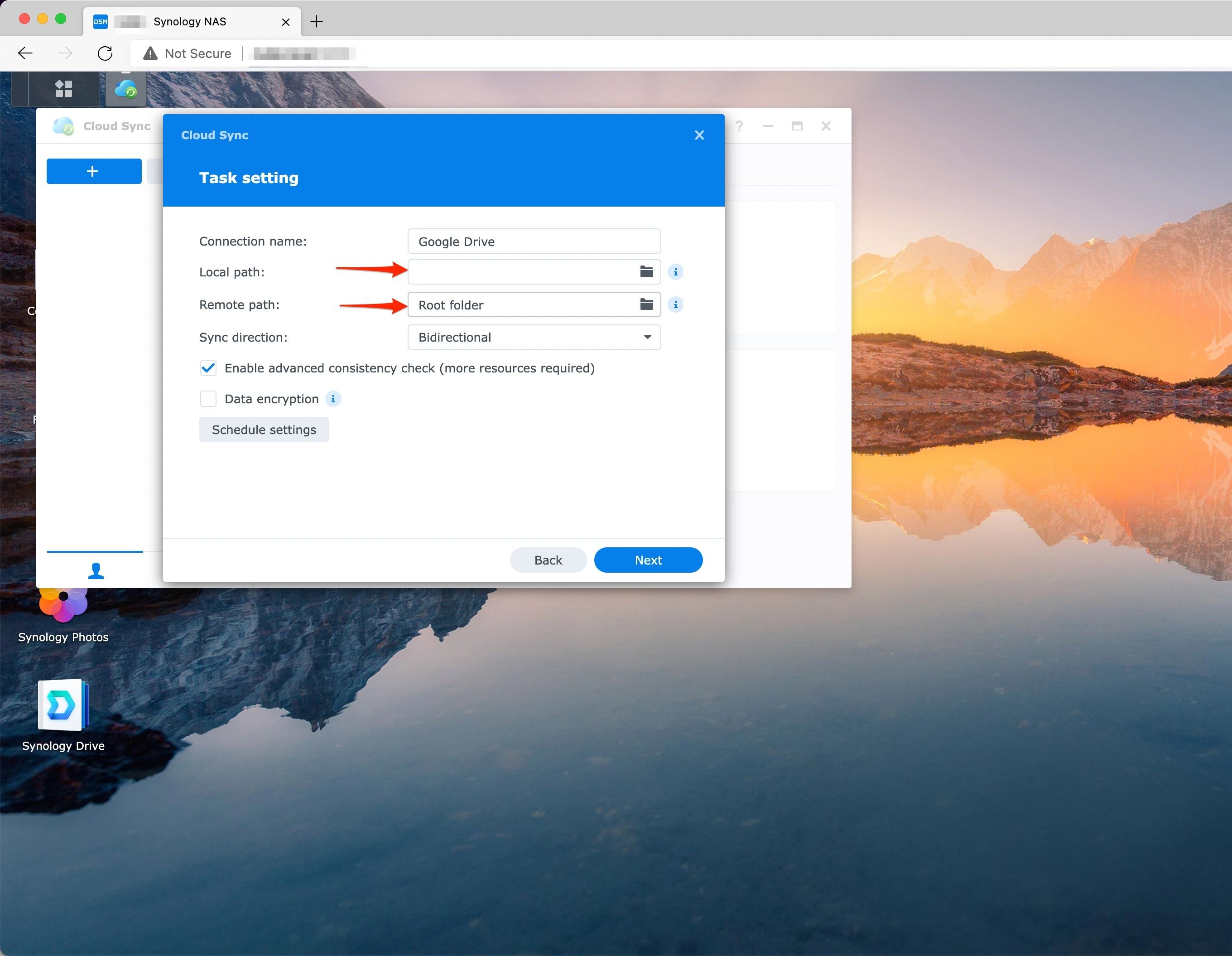 Setting up Google Drive cloud to local sync on Synology NAS