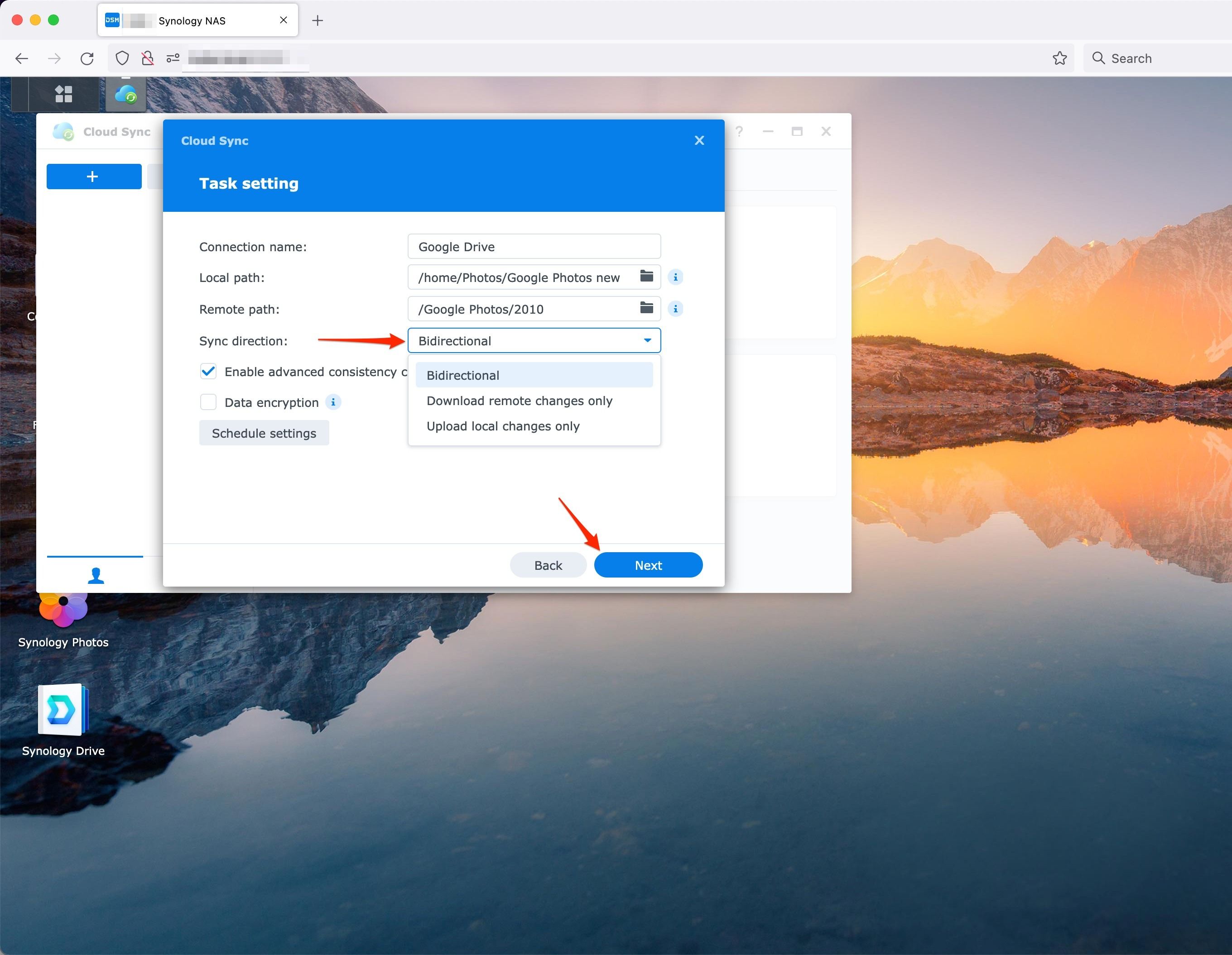 Setting Sync direction in Cloud Sync on Synology NAS