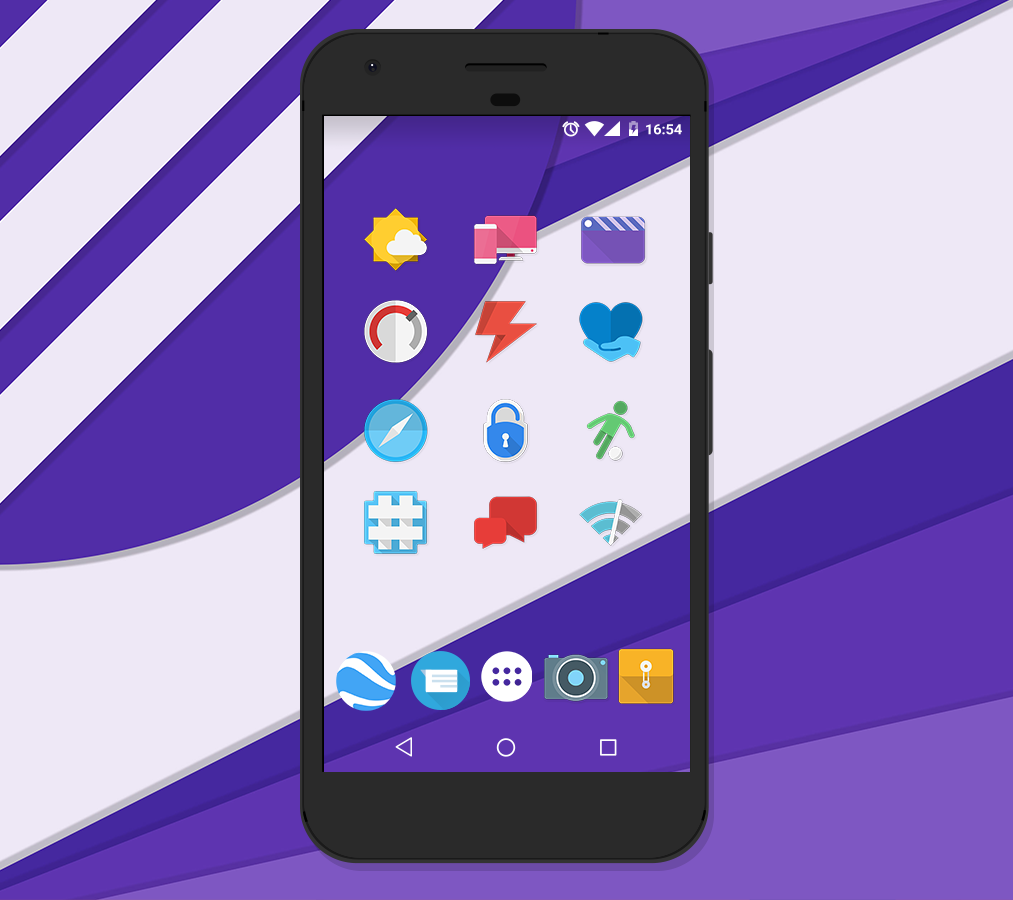 Moonshine - Icon Pack showcase on a transparent phone on a light, medium, and dark purple patterned background