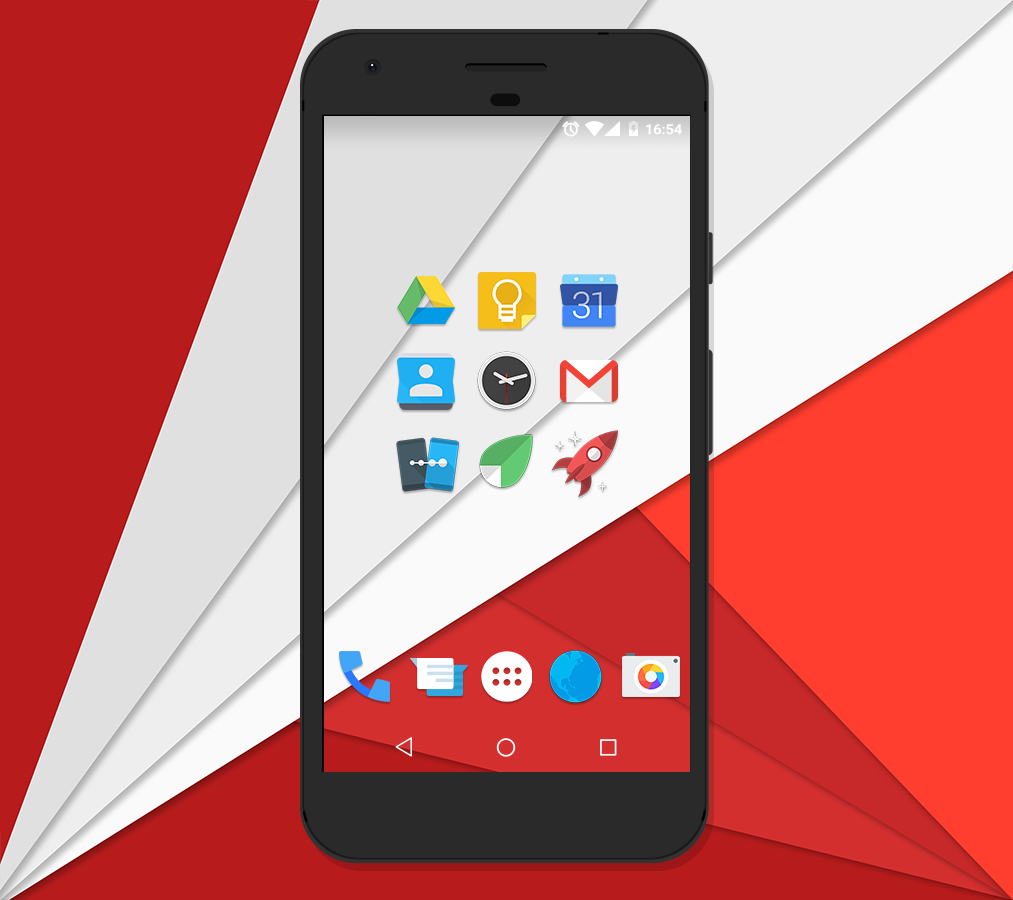 Moonshine - Icon Pack showcase on a transparent phone with a red and white patterned background