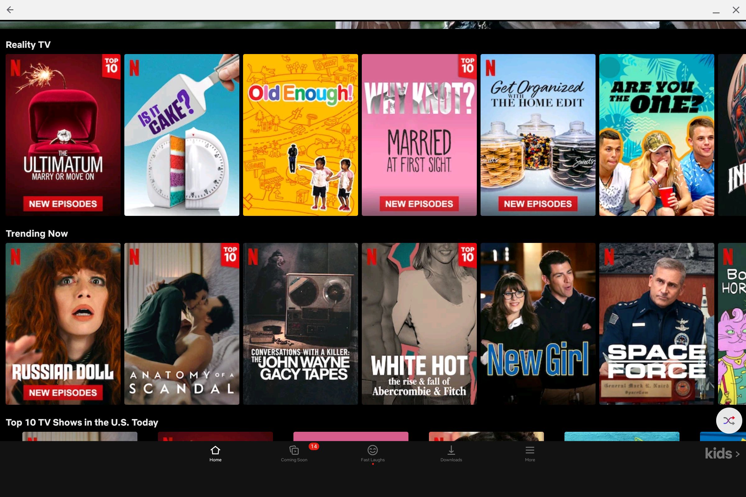 A tela inicial do aplicativo Netflix para Android mostrando as seções Reality TV e Trending Now