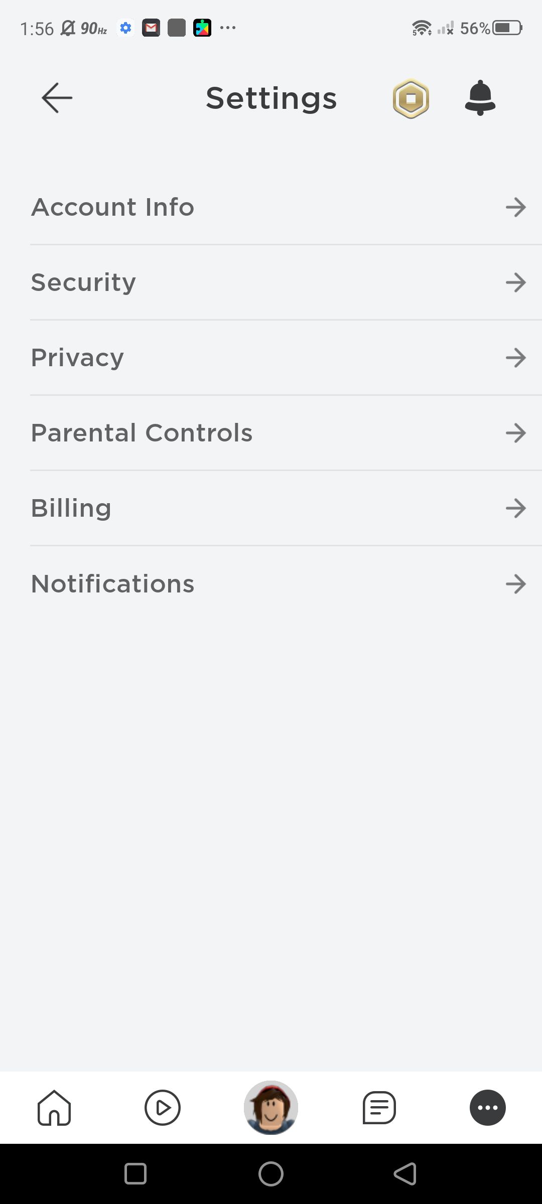 Captura de tela do acesso às informações da conta nas configurações do Roblox