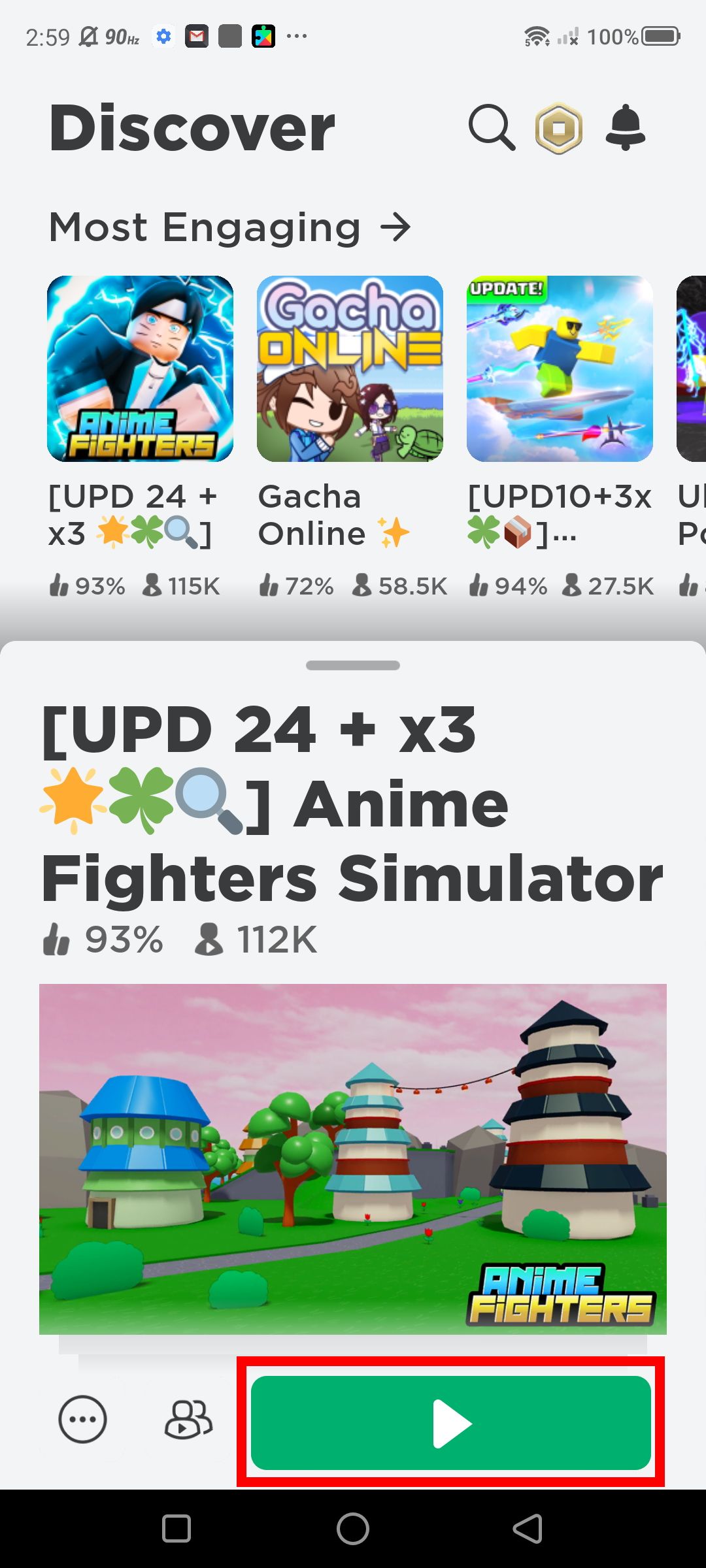 red outline over play button on anime fighter simulator roblox experience