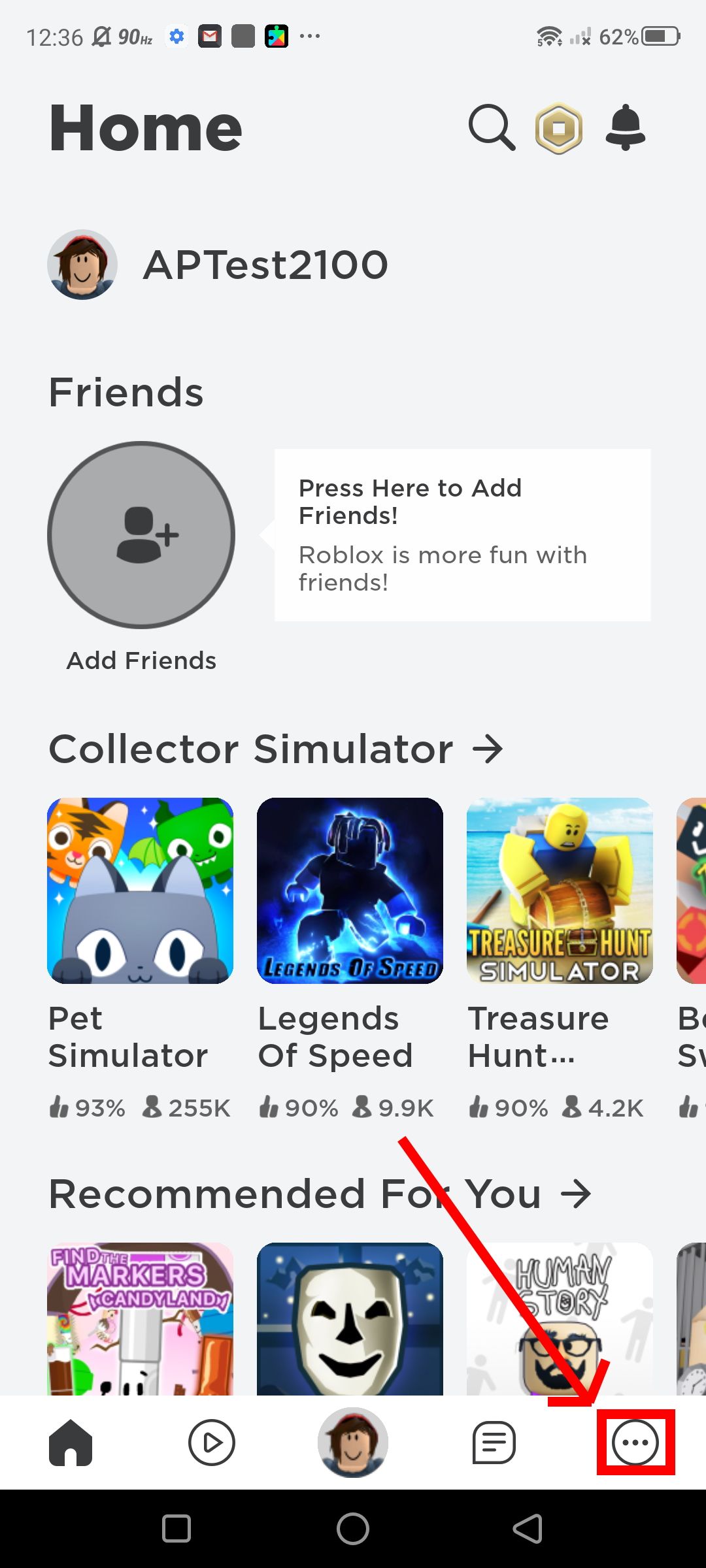 Screenshot for accessing more options on the Roblox app