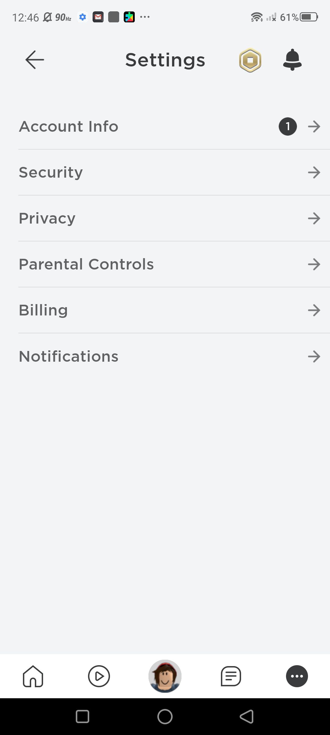 Captura de tela do acesso às informações da sua conta nas configurações do Roblox