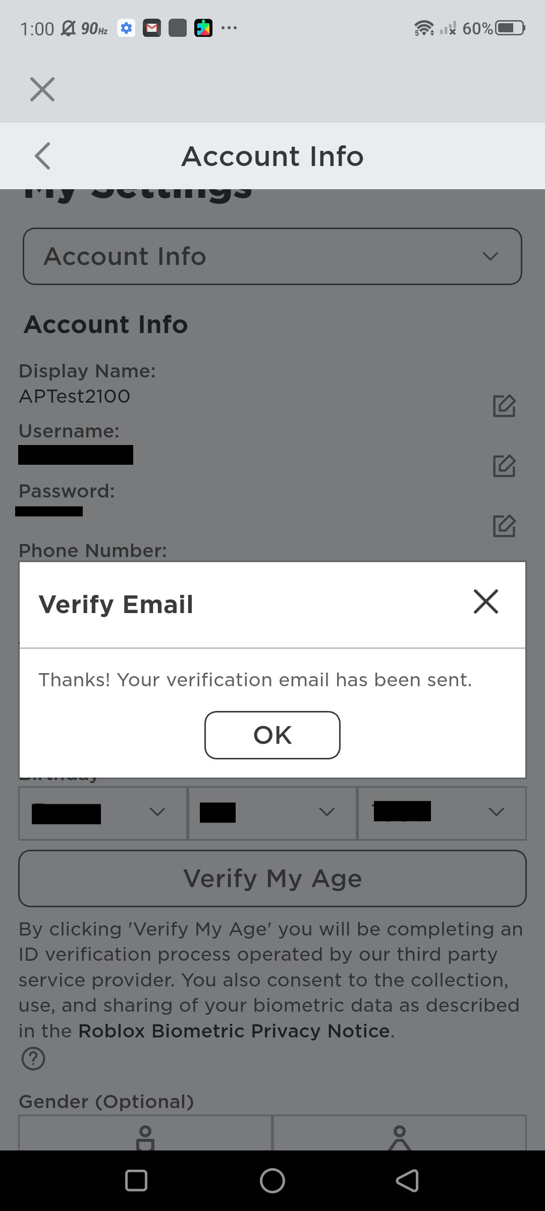 Captura de tela da adição de um e-mail para verificação de uma nova conta Roblox