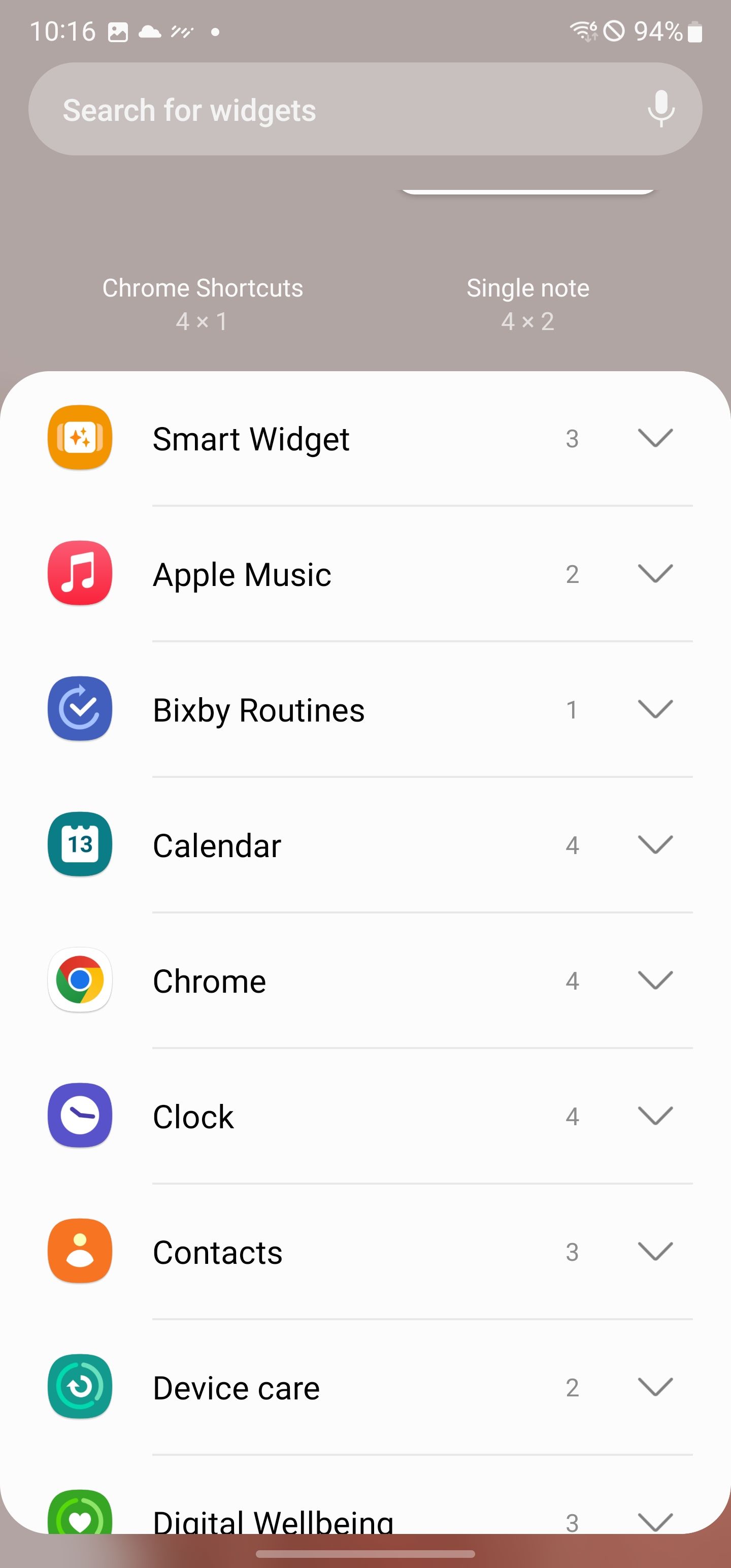 List of widget options on Galaxy S22 Ultra