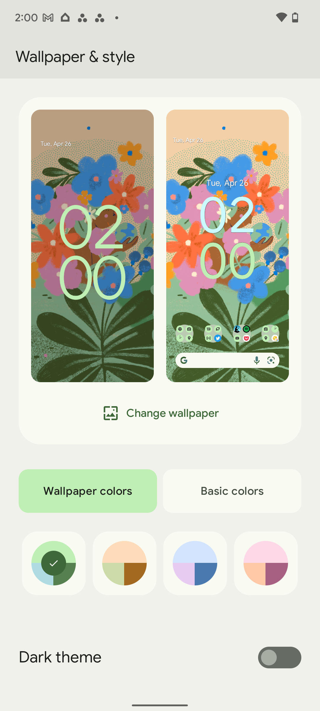 Captura de tela das seleções de cores Material You do Android 12