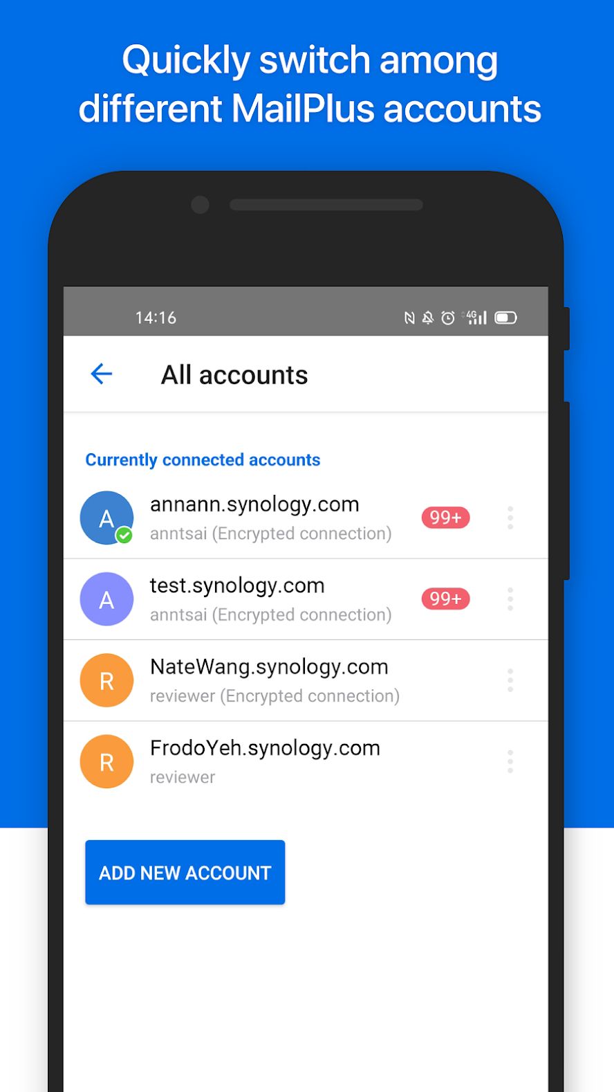 Synology MailPlus showing a list of email accounts